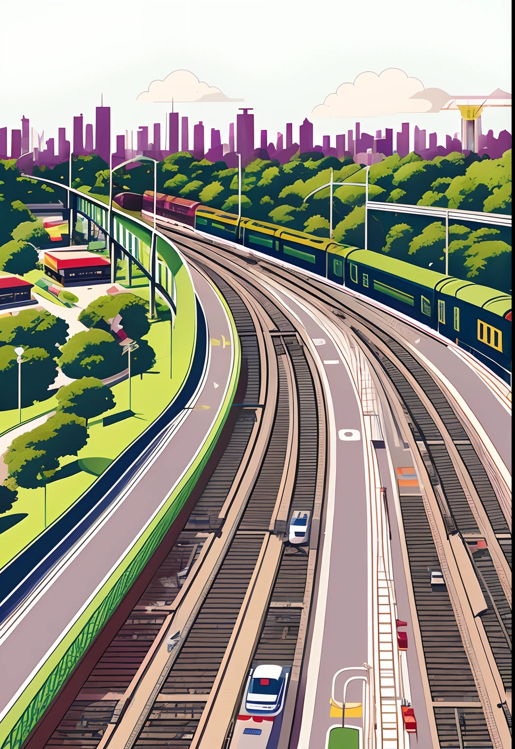 There is a picture of a city with a train on it, an overpass inspired by Victor Ngai, illustration, illustration!, Victor Style, Excellent use of lines and colors, based on Lubin Baugin, Lee Lafridge, Lubin Baugin, inspired by Osvaldo Viteri