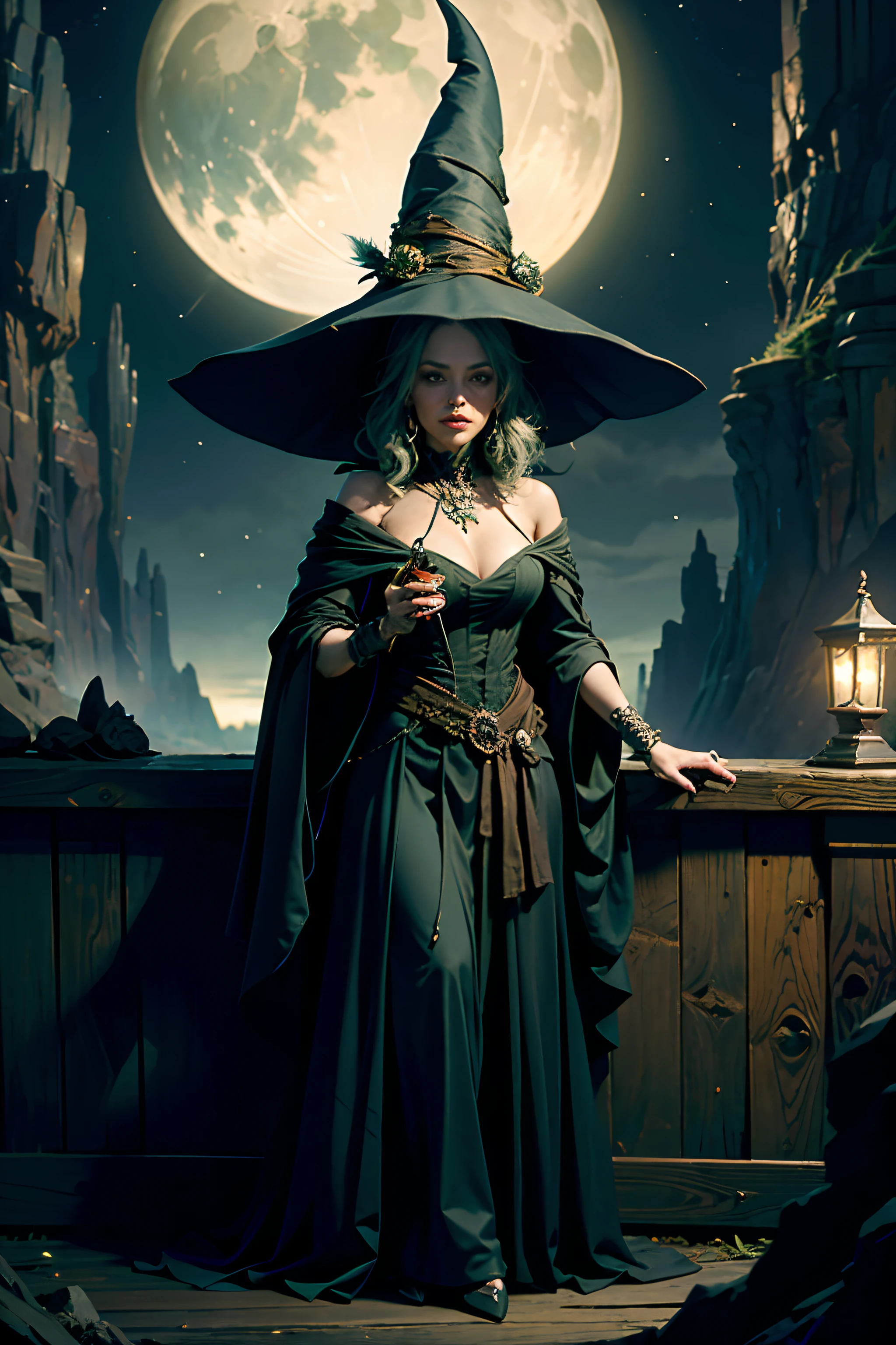 A woman who is an ugly old green witch, with dark robe and pointy hat, standing behind a table, mixing a deadly potion, background is a canyon with dark night sky, mood is fractious, recalcitrant, aggravating, agitating, night time light, character design.