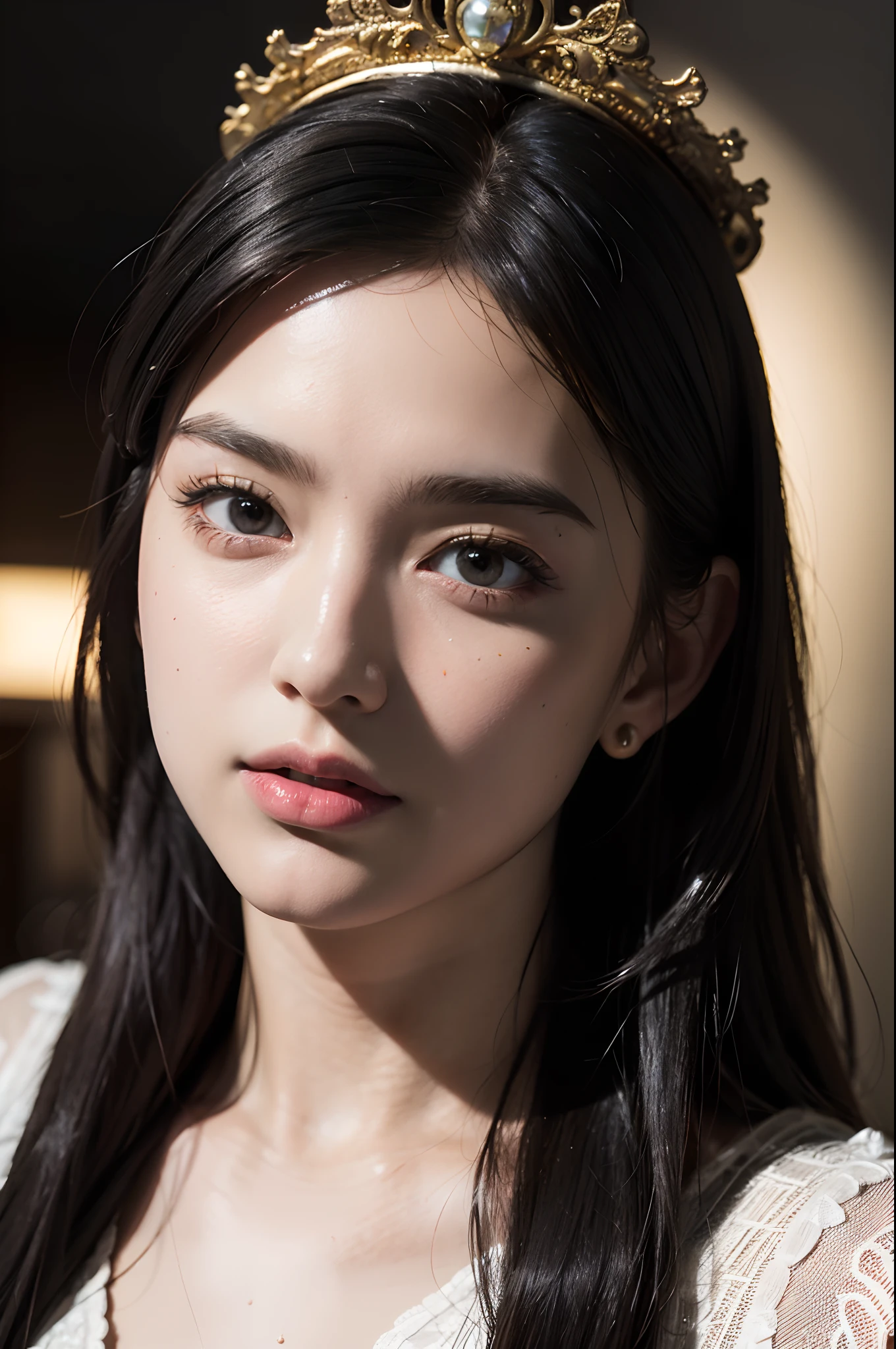 A very beautiful woman with dark eyes, an evil-looking face and a mischievous expression,