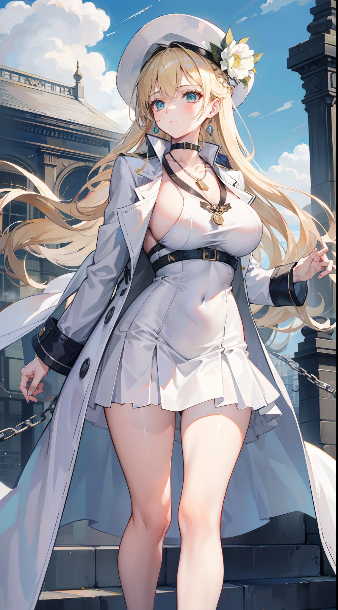 Chains,耳Nipple Ring,choker necklace,Forehead,middle parted hairstyle,femele,Train station,a beauty girl,Long light blonde hair,green pupills,Business suit,white business suit,in suit,White color blouse,short skirt,wind coat,Cowboy hat,Flower arrangement on a hat,The streets of London,high-heels,tiese,wind coat,ssmile,huge tit
