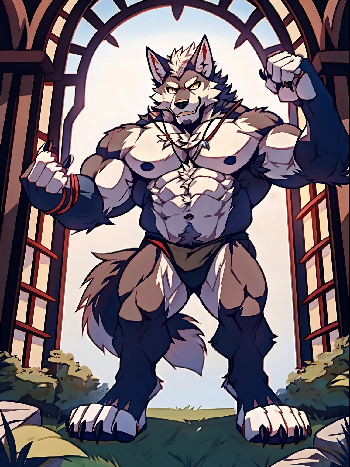 Human-wolf,musculous,Hairy all over,clawed paws,erect through