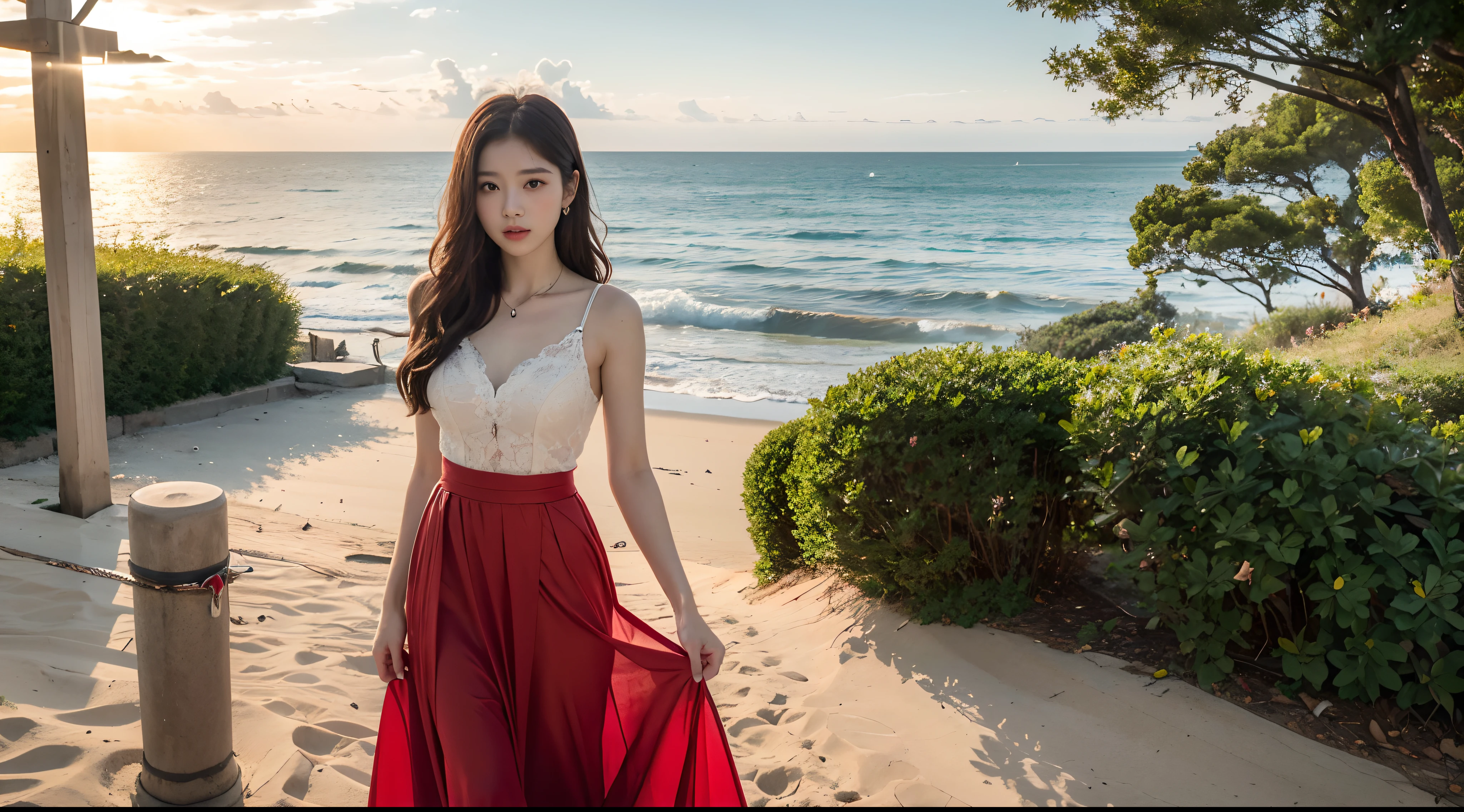 one-girl,Realiy,8K,超高分辨率,Front light,rays of sunshine,suns,photographed,(the sea,sandbeach,visitor,Iot,sea shell,Kayaking,baiyun),cotton candy, Female celebrities,long whitr hair,(Red evening dress,long skirt:1.2),无袖,Hair_decorations, (Solo,solo person:1.3),,jewelry,sash, Looking_at_peeping at the viewer,tight-fitting,(A half body,中景 the scene is),Face lighting