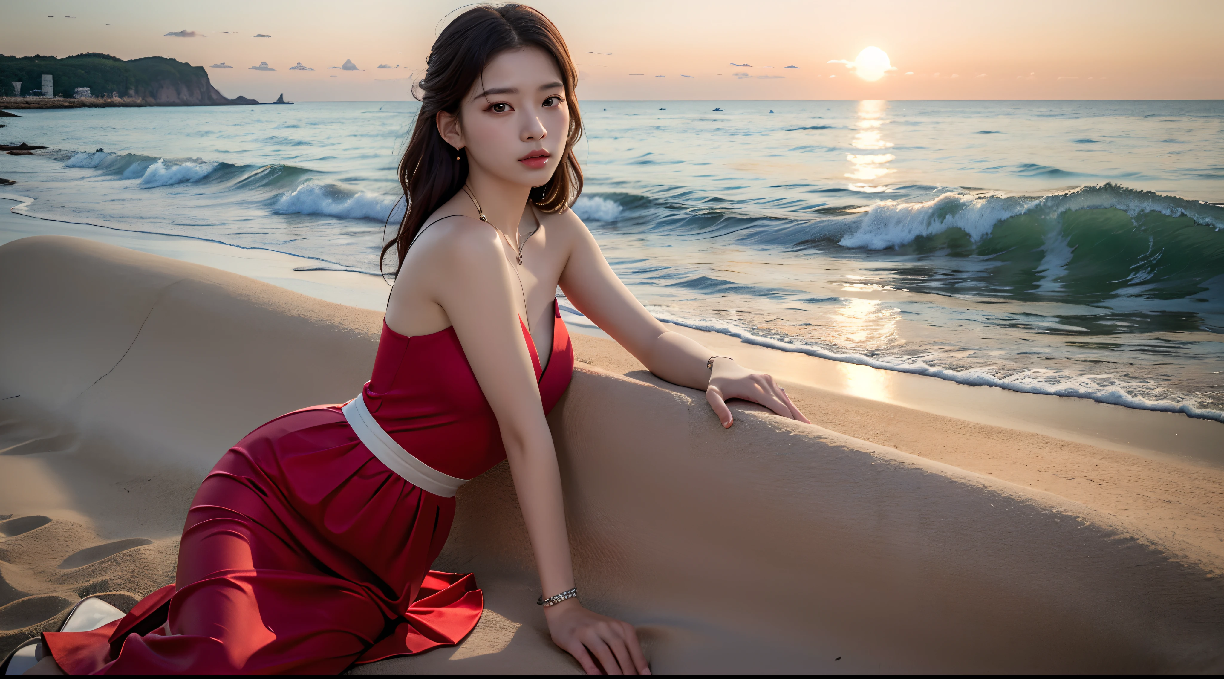 one-girl，Realiy，8K，超高分辨率，Front light，rays of sunshine，suns，photographed，(the sea，sandbeach，visitor，Iot，sea shell，Kayaking，baiyun)，cotton candy， Female celebrities，long whitr hair，(Red evening dress，long  skirt:1.2)，无袖,Hair_decorations, (Solo,solo person：1.3),，jewelry，sash, Looking_at_peeping at the viewer，tight-fitting，(A half body，中景 the scene is)，Face lighting