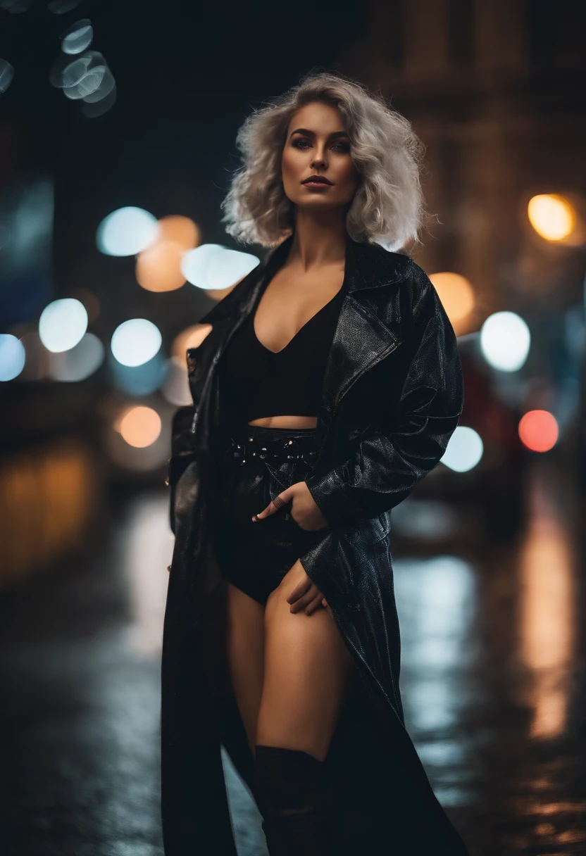 portrait, 1 girl, beautiful face, asymmetrical hair, multi-colored hair, belt, bodysuit, covered mouth, covered navel, detached sleeves, grey eyes, hip vent, open jacket, cute, look at viewer, night city, neon, rainy,