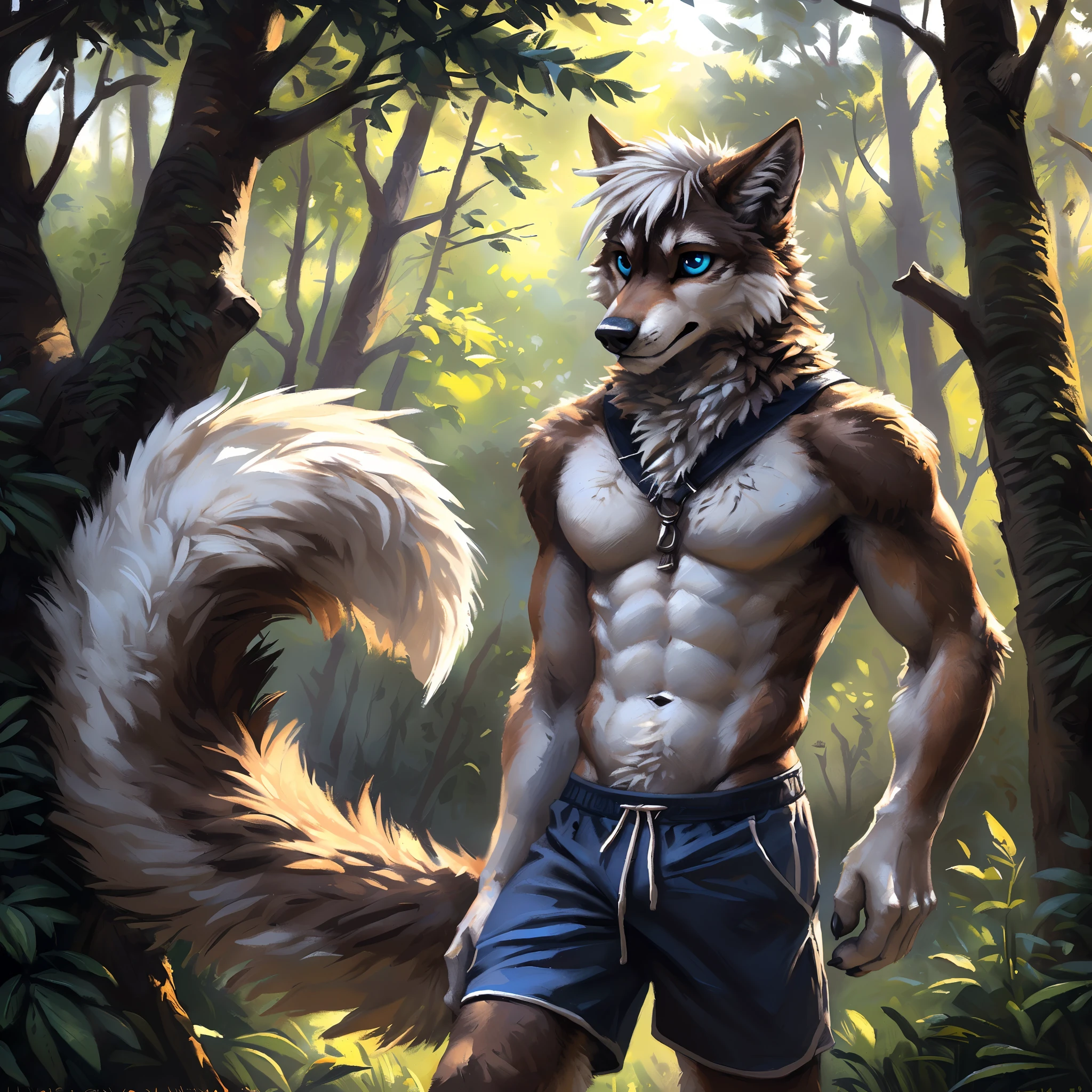 ((Solo)), male people, anthro wolf, (Multi-colored fur, White-brown:1.3，White tail pointed), ((Wolf face, White hair, Big eyes, White eyelids, Blue pupil, Slim:1.2) (Tough, Calm expression:1.2)), Abs, Slim, pinging)), (Correct anatomy), (Work shorts:1.1), The upper body is naked, (detailed outfits),A big tail，Feet，(Realistic fur, Detailed fur texture, labeled:1.3)), (Natural lighting), Photorealistic, Hyperrealistic, ultradetailed, by Kenket，ln the forest，No artificiality