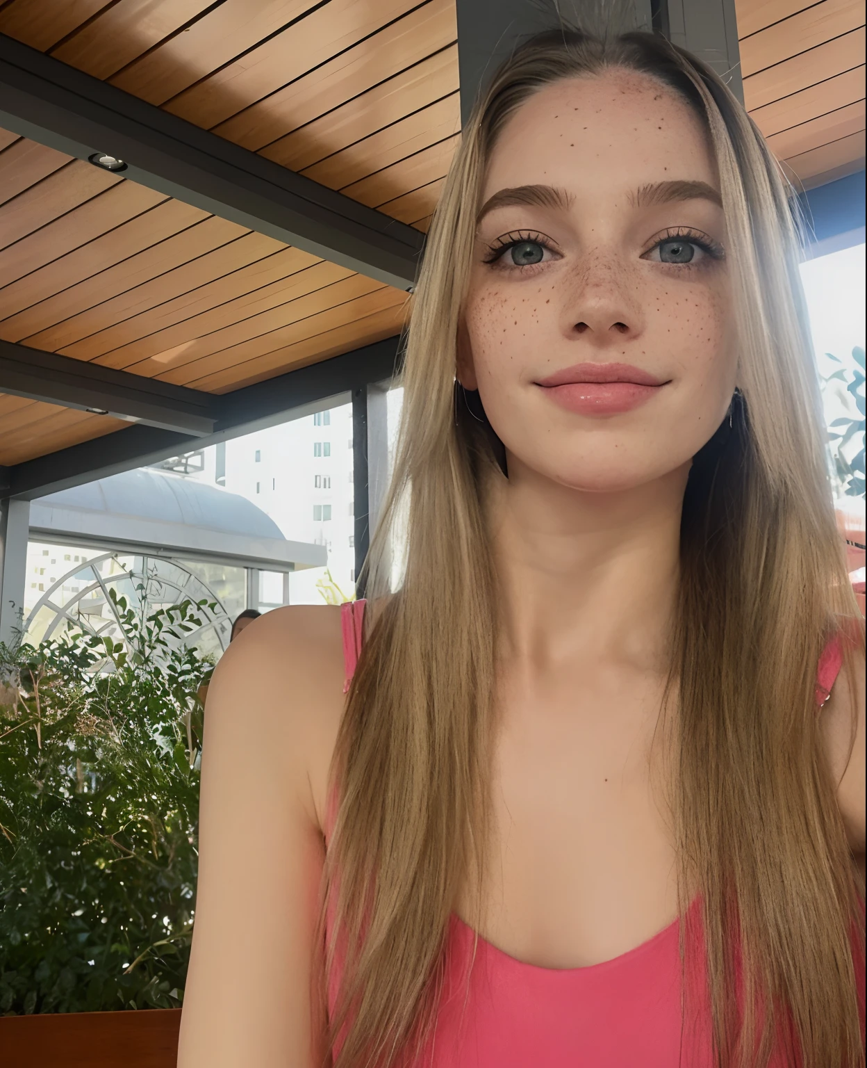 Rosto de uma mulher, americana, 30 anos, pale skin and freckles, olhos cinzas, nariz delicado, soft and delicate lips, cabelo blondie cinza longo e ondulados, sorriso meigo,