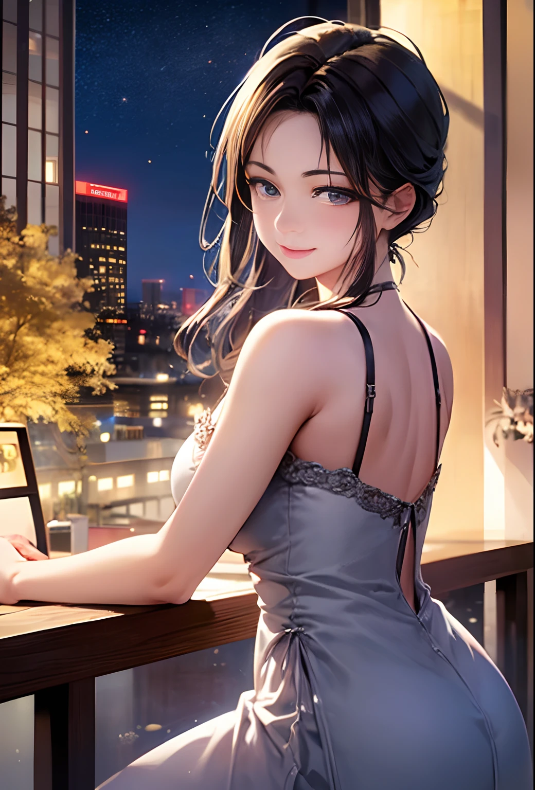 (8k, top quality, masterpiece: 1.2), (realistic, photorealistic: 1.37), super detailed, girl single, cute, solo, midnight, beautiful detailed sky, detailed café, sitting, date, (blush), (smile: 1.15), small breasts (mouth closed), beautiful fine eyes, floating hair NovaFrogStyle, back open dress