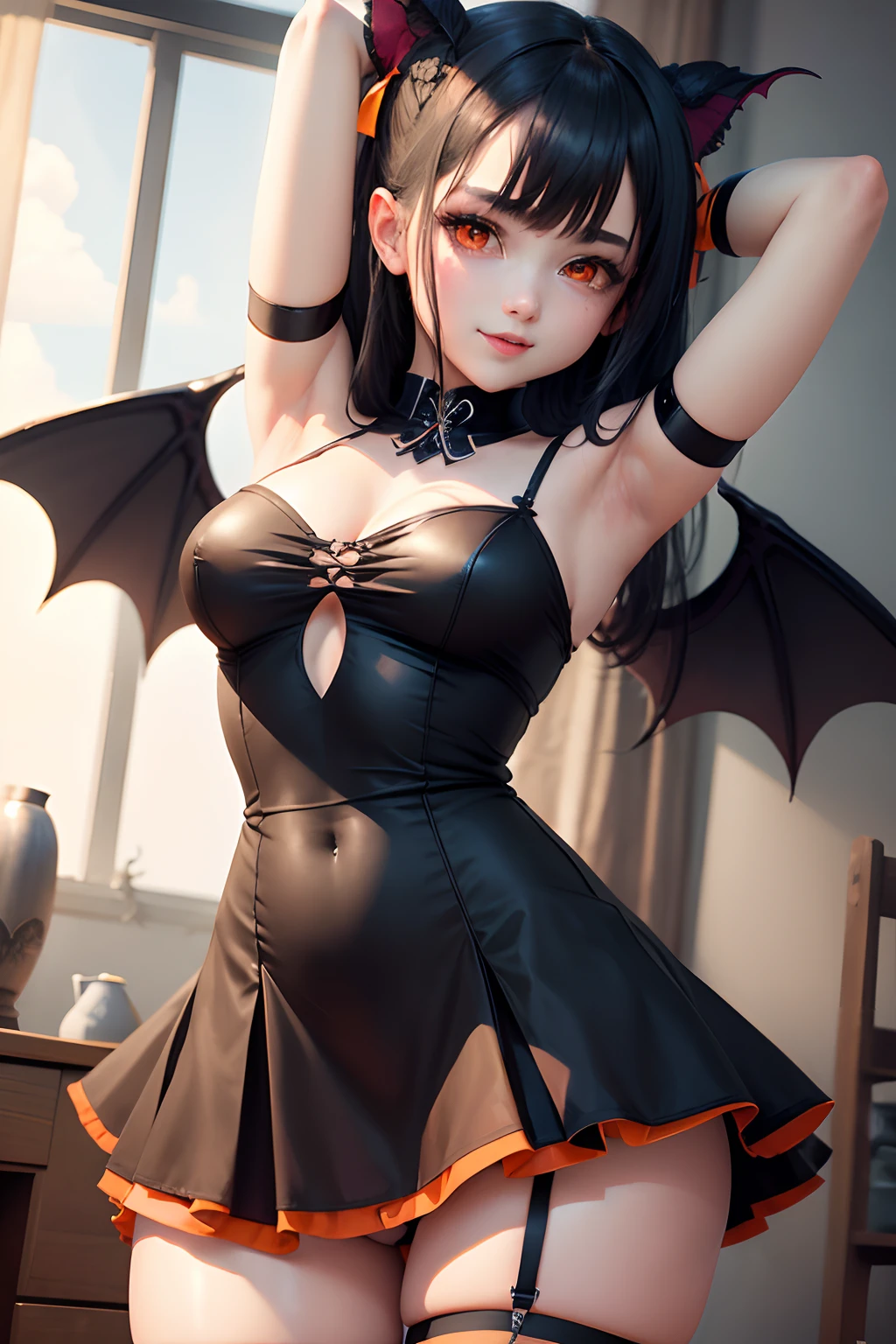 Obra maestra, best quality, succubus_evil, two_wings, ager, large_black_tail_hair_ribbon, 1girl, orange_eyes, (lolil), armpit, big_legs, large_socks_thighs, shorts_dress, big_hips, stand_up, smile_red_lips.