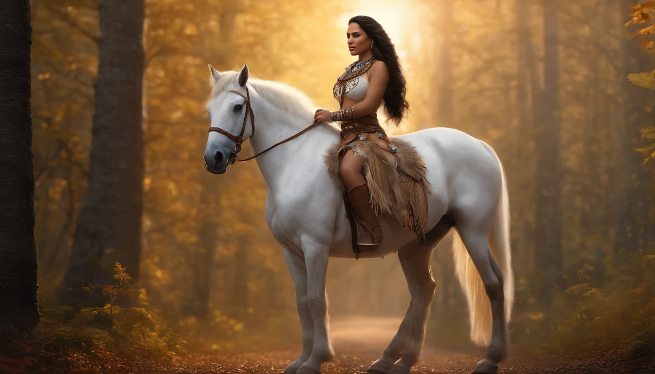 ((masterpiece)), ((best quality)), ((highres)), ((extremely detailed)), ((long shot, back view)), 1 girl as Pocahontas costume, full body, Beautiful Native American woman, mature woman, Big breast, (super realistic), (peerless beauty), detailed skin texture, detailed cloth texture, beautiful detailed face, intricate details, ultra detailed, indigenes feather jewelry, feather headdress, traditional handmade dress, (((riding on a white horse))), (((road in the middle of the forest))), ultra realistic, concept art, elegant, ((intricate)), ((highly detailed)), depth of field, ((professionally color graded)), soft ambient lighting, dusk, (Best quality, A high resolution, Photorealistic, primitive, 8K,Masterpiece, ),Best quality, Masterpiec8K.hdr. High ribs:1.2, filmgrain, Blur bokeh:1.2, Lens flare, (vivd colour:1.2), (Delicate),