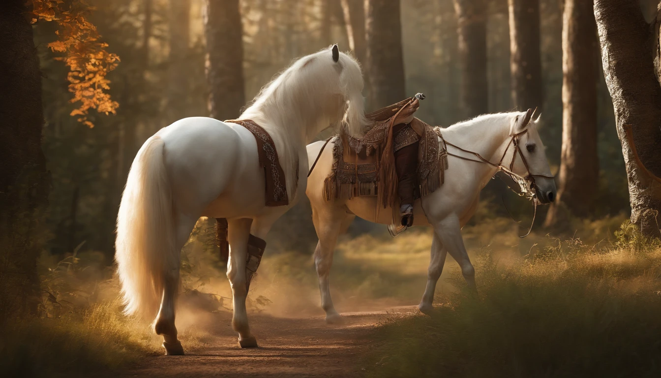 ((masterpiece)), ((best quality)), ((highres)), ((extremely detailed)), ((long shot, back view)), 1 girl as Pocahontas costume, full body, Beautiful Native American woman, mature woman, Big breast, (super realistic), (peerless beauty), detailed skin texture, detailed cloth texture, beautiful detailed face, intricate details, ultra detailed, indigenes feather jewelry, feather headdress, traditional handmade dress, (((riding on a white horse))), (((road in the middle of the forest))), ultra realistic, concept art, elegant, ((intricate)), ((highly detailed)), depth of field, ((professionally color graded)), soft ambient lighting, dusk, (Best quality, A high resolution, Photorealistic, primitive, 8K,Masterpiece, ),Best quality, Masterpiec8K.hdr. High ribs:1.2, filmgrain, Blur bokeh:1.2, Lens flare, (vivd colour:1.2), (Delicate),