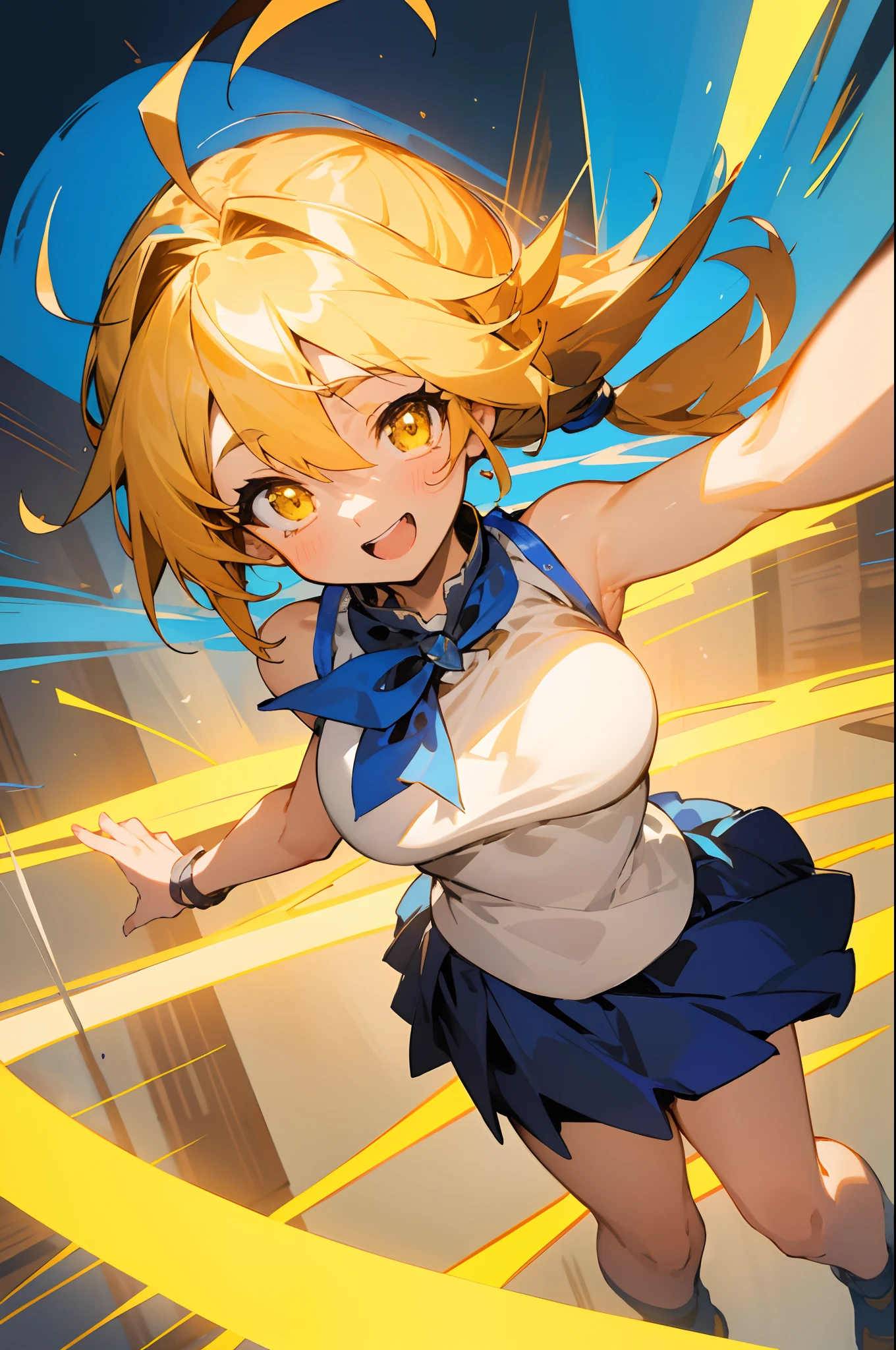 masterpiece, top-quality, middle size breasts、Ultramarine hair、Pony tail、glowing yellow eyes、Bangs between the eyes、Ahoge, sleeveless shirts, skirt by the, The upper part of the body, From above, Look at viewers, A smile, open open mouth, Rustic village