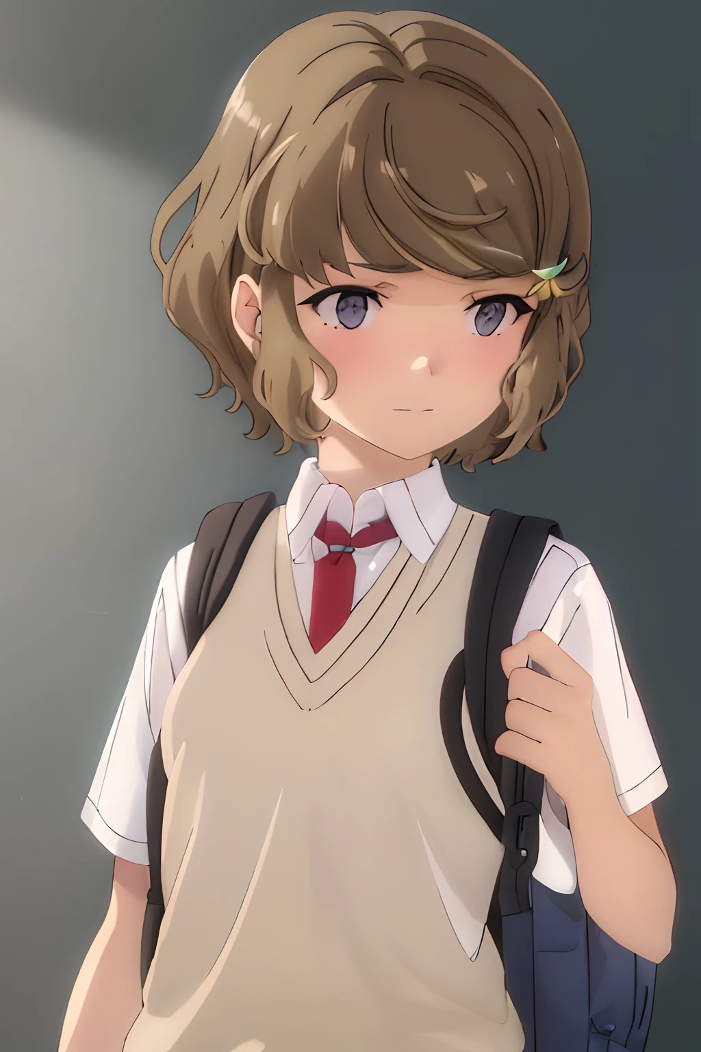 Best quality, Masterpiece, A high resolution, Solo, {whose_Tomoe_Chingshun Butayaru:1.15}, brown_Hair, short_Hair, Hair_decorations, hair pin, Blue_Eyes, bangs, Grey_Eyes, 1girll, Closed_Mouth, Sweater_vest, White_shirt, Backpack, bag, Looking_down, shirt, short_Sleeves, The upper part of the body_Body, school_uniform