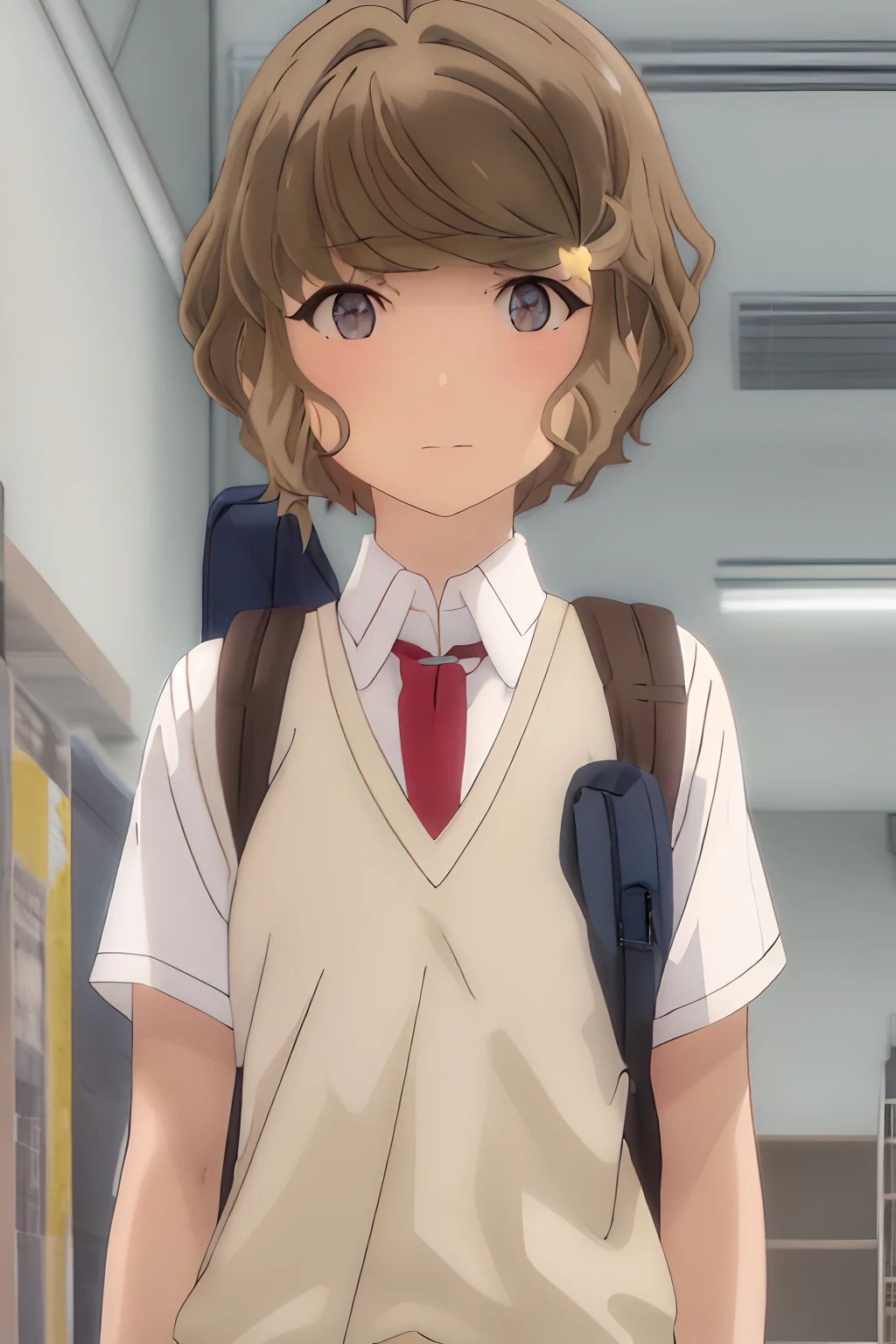 Best quality, Masterpiece, A high resolution, Solo, {whose_Tomoe_Chingshun Butayaru:1.15}, brown_Hair, short_Hair, Hair_decorations, hair pin, Blue_Eyes, bangs, Grey_Eyes, 1girll, Closed_Mouth, Sweater_vest, White_shirt, Backpack, bag, Looking_down, shirt, short_Sleeves, The upper part of the body_Body, school_uniform