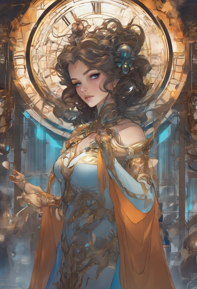 The woman, NSFW, (full - body: 1.5), makeup, Thick hair, blue eyes, Inspired by the future, Time Machine, Teleportation, high detail, UHD 4K, 8k текстур, RTX, illumination, glare, reflection, Detailed background, Traced in detail, fine details
