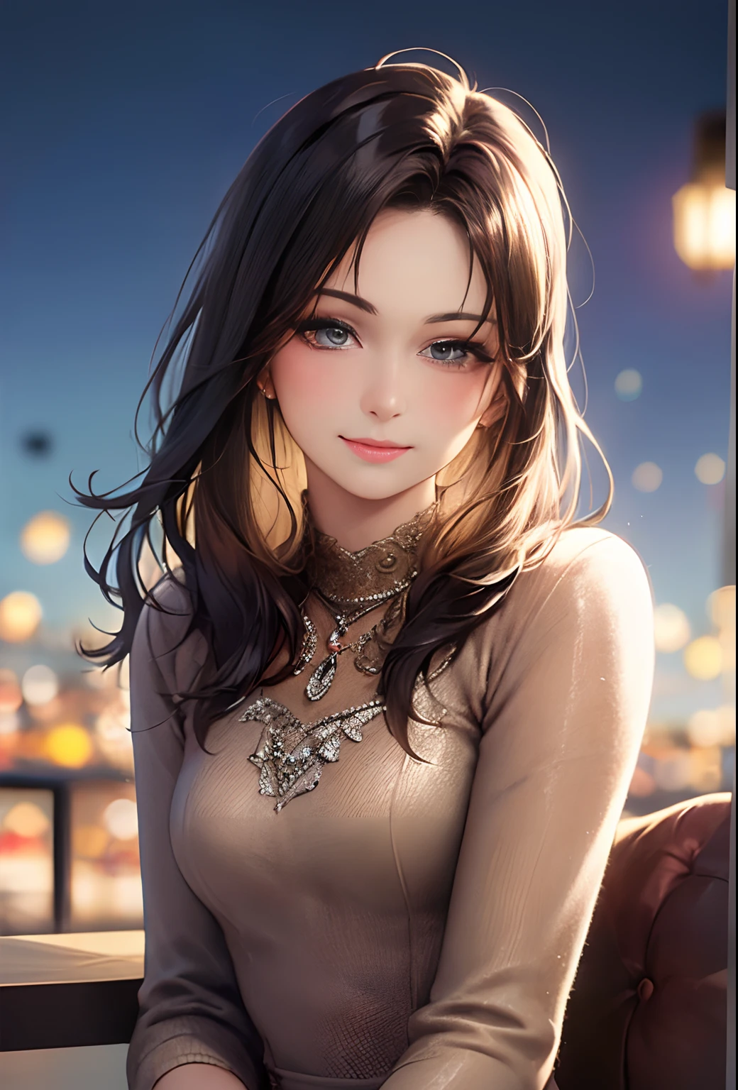 (8k, top quality, masterpiece: 1.2), (realistic, photorealistic: 1.37), super detailed, girl single, cute, solo, midnight, beautiful detailed sky, detailed café, sitting, date, (blush), (smile: 1.15), small breasts (mouth closed), beautiful fine eyes, floating hair NovaFrogStyle, back open dress