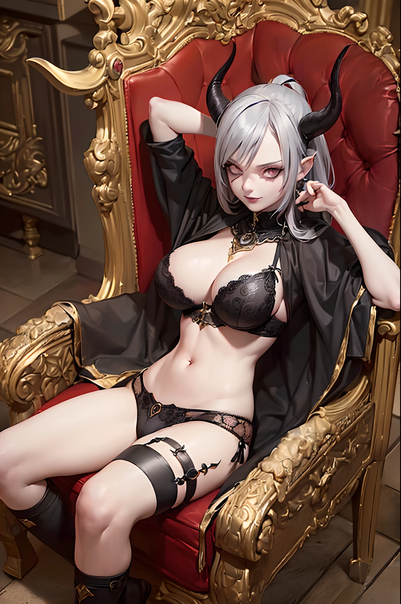 Woman tiefling with (gold eyes:1.2), (tall and mischievous:1.2), (grey skin:1.2), (big perfect breasts:1.2), (long black emo hair:1.2), (horns:1.2), (black intricate ornate lingerie:1.2), (exposed navel:1.3), (in a medieval castle:1.2), (doing a sexy pose:1.2), (dynamic lighting:1.2), (centered in frame), (highly detailed:1.3), 8k wallpaper, (detailed face and eyes:1.4).