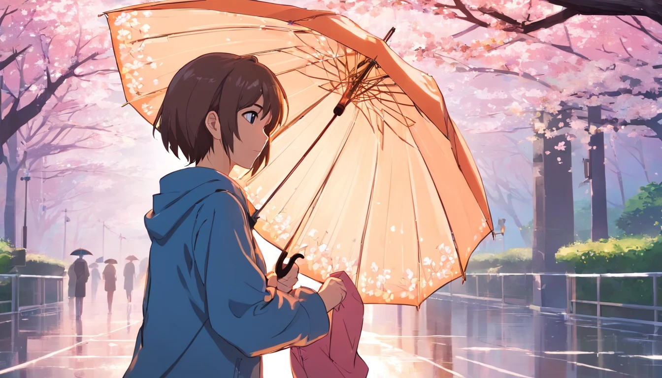 Highest image quality，Outstanding details，超高分辨率，The best illustration，Favor the details，Highly cohesive 1girl，The male protagonist knelt in the rain and begged the female protagonist to go back，The heroine held an umbrella and cherryblossom in the background.