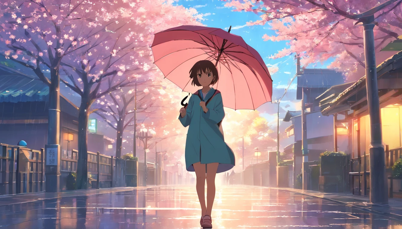 Highest image quality，Outstanding details，超高分辨率，The best illustration，Favor the details，Highly cohesive 1girl，The male protagonist knelt in the rain and begged the female protagonist to go back，The heroine held an umbrella and cherryblossom in the background.