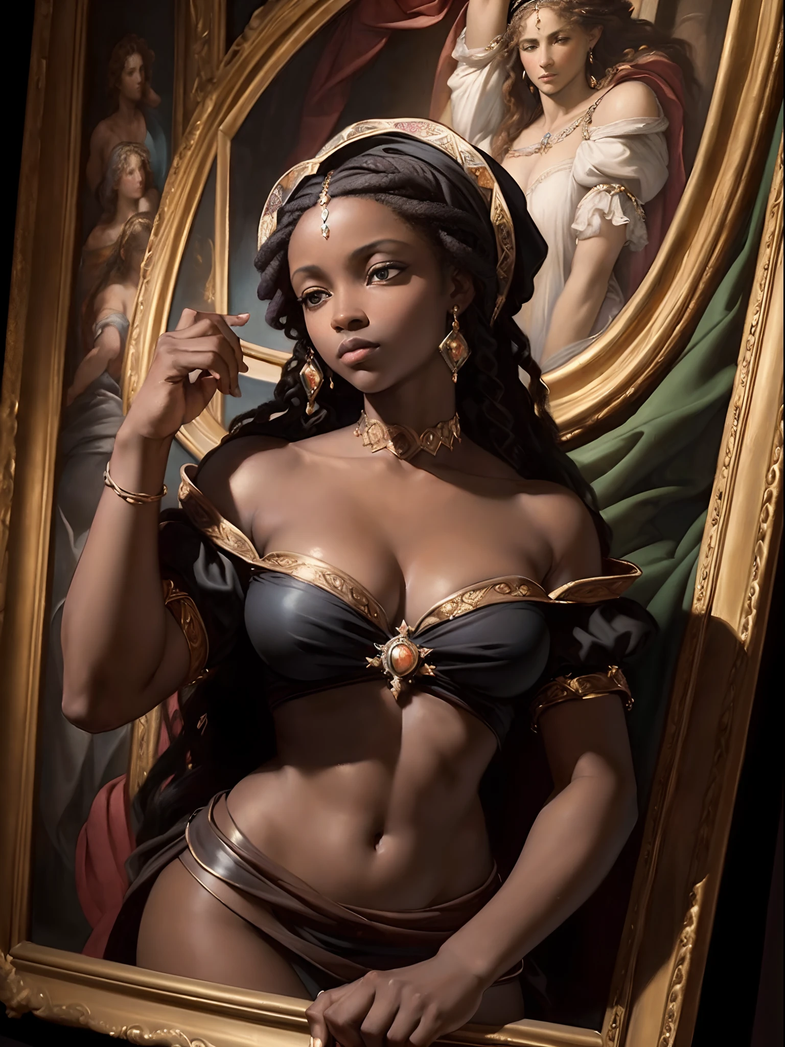 (Renaissance oil painting of a beautiful black woman:1.3), best quality, masterpiece, expressive, thrilling, 256k, epic, crepuscular lights, (by Michelangelo, by Rafael, by Rubens:1.2), chiaroscuro, best quality, masterpiece, (best hands)