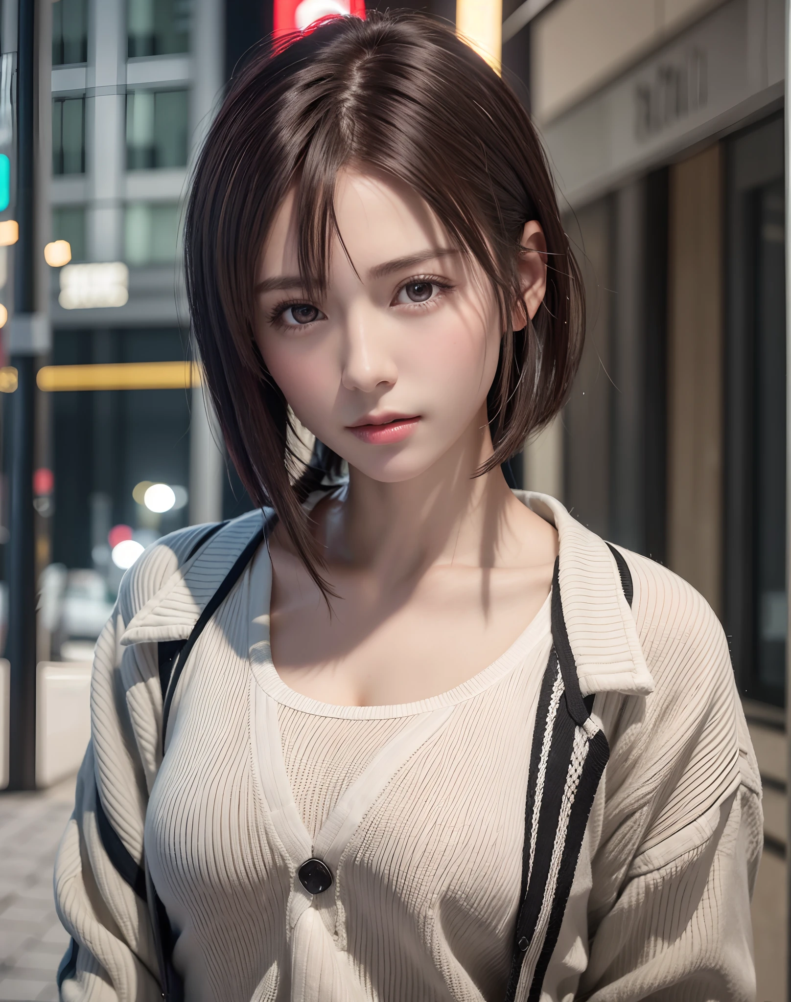 (​masterpiece: 1.3), (8K, Photorealista, Photo Raw, top-quality: 1.4), full bodyesbian, Walking the streets of Tokyo,  (1girl in), gorgeous faces, (lifelike face), (A dark-haired, short-haired: 1.3), Gorgeous hairstyle, realisticeyes, beautiful finely detailed eyes, (Pere Lealis...