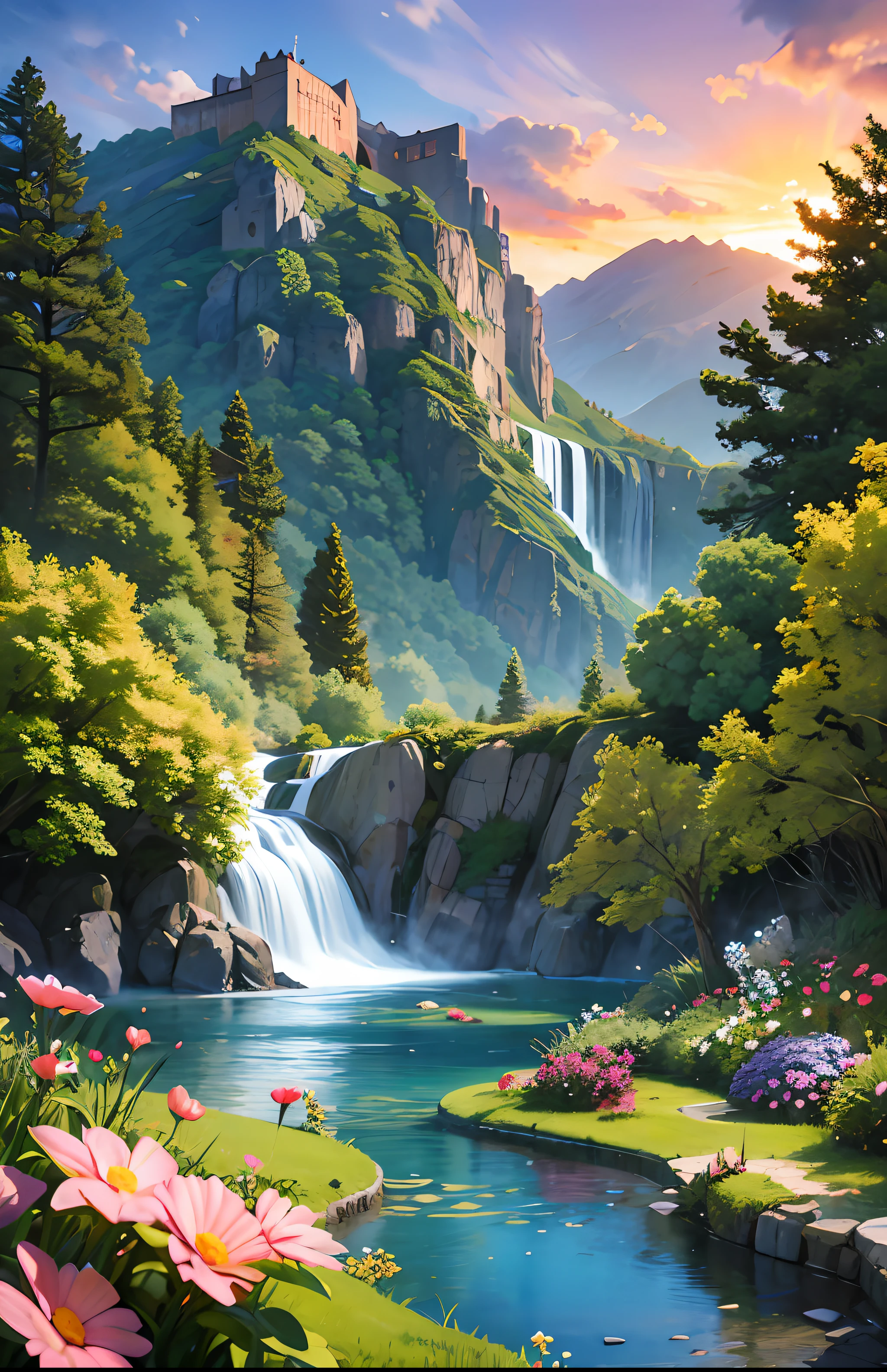 Landscape masterpiece, stunning nature, magnificent sunset in the style of wlop and alena aeinami, ultra-detailed digital painting, lake with sparkling waterfalls, colorful flowers delicately painted.
