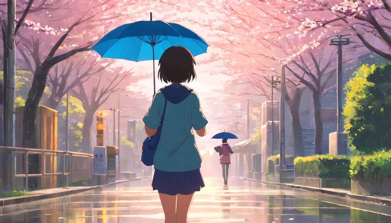 Highest image quality,Outstanding details,超高分辨率,The best illustration,Favor the details,Highly cohesive 1 girl,1 male protagonist knelt in the rain and begged the female protagonist to go back,The heroine held an umbrella and cherryblossom in the background.