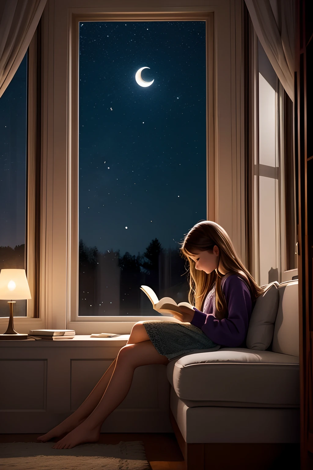  girl in a beautiful room by a large window at night reading a book where you see the moon and the stars