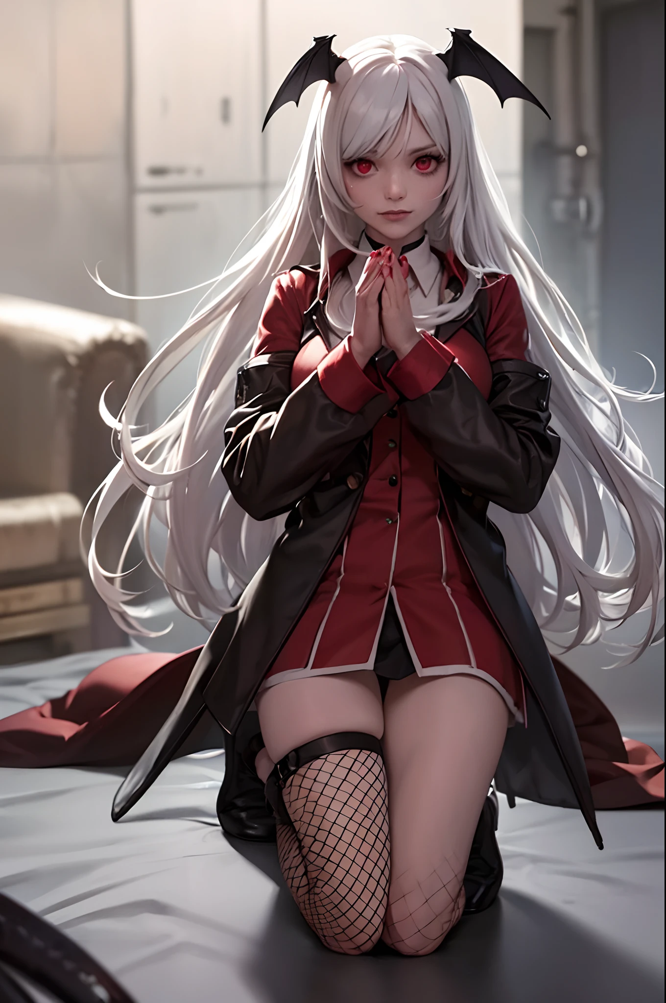 Vampire woman, vampire fangs, (blood on her chin), (white hair), (thick dress), (master piece), (on her knees), (bareback), (long hair), perfect body, (fishnets:1.3), (ultra realistic eyes), (detailed face), DSLR photography, sharp focus, Unreal Engine 5, Octane Render, Redshift, (cinematic lighting), 8K, RAW, unedited, symmetrical balance, in-frame, symmetrical face, symmetrical body, symmetric hands.