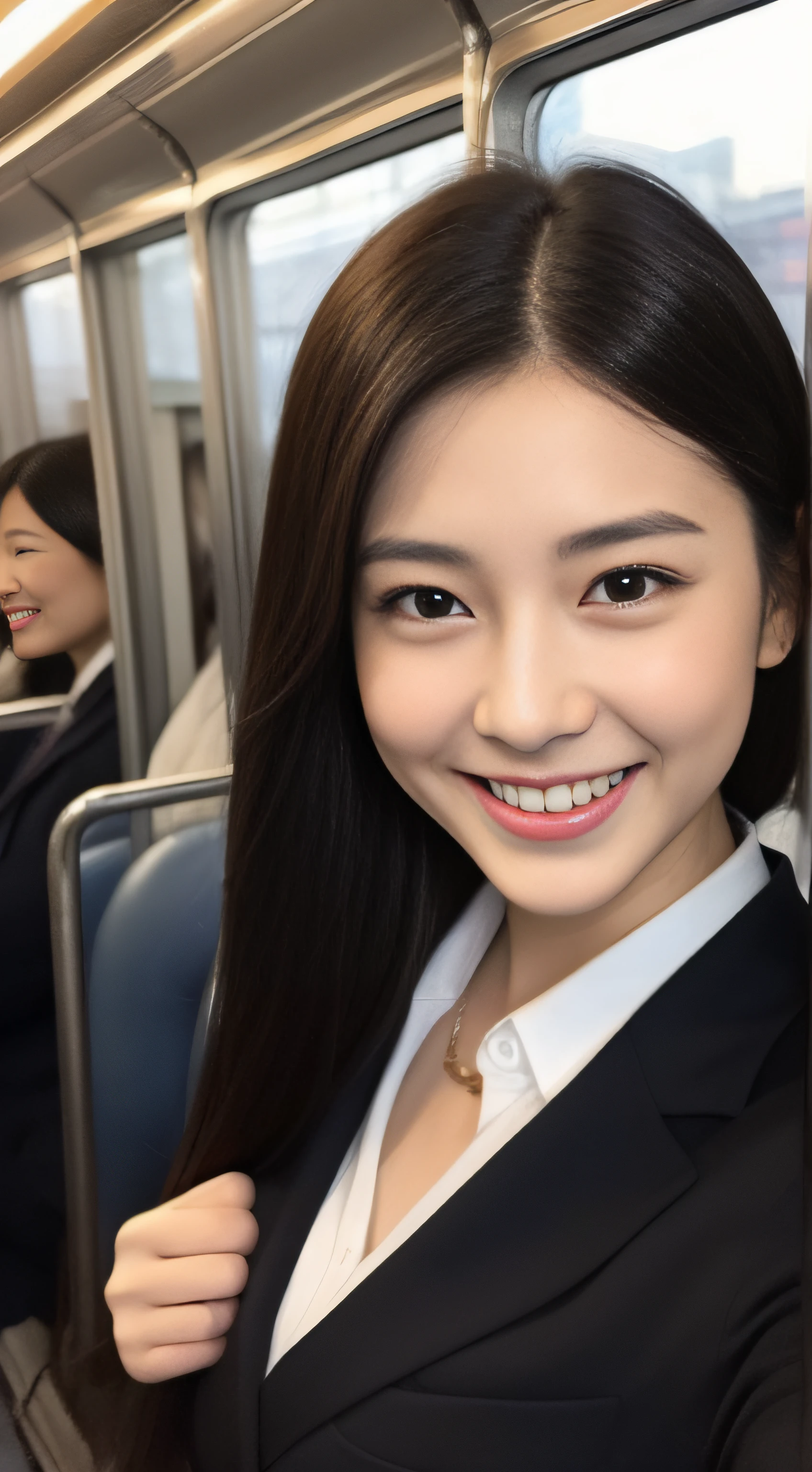 The face is a hostess、Clothes are business suits、hiquality、A hyper-realistic、healthy、Smiling expression、Slender perfect figure、Japan beauties、beautidful eyes、face perfect、Beautiful skin、Commute on a crowded train