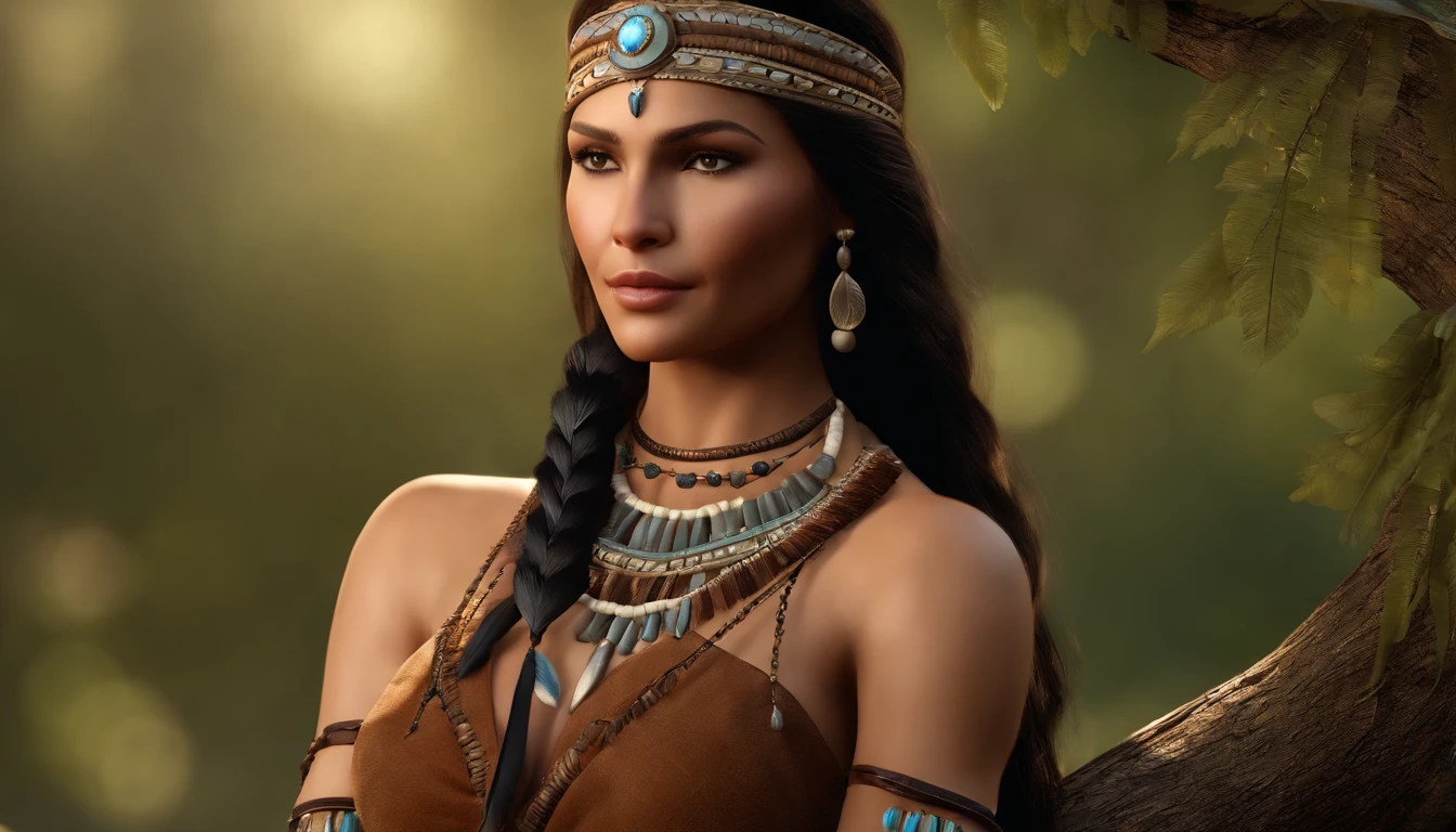 ((masterpiece)), ((best quality)), ((highres)), extremely detailed)), 1 girl as wearing Pocahontas, full body shot, Beautiful Native American woman, mature woman, Big breast, (super realistic), (peerless beauty), detailed skin texture, detailed cloth texture, beautiful detailed face, intricate details, ultra detailed, indigenes feather jewelry, feather headdress, traditional handmade green bra and dress, armed female hunter warrior, (((wild west))) environment, in the village, in front of the bar, ((standing behind window)), look out the window, facing away from the camera, ultra realistic, concept art, elegant, ((intricate)), ((highly detailed)), depth of field, ((professionally color graded)), soft ambient lighting, dusk, (Best quality, A high resolution, Photorealistic, primitive, 8K,Masterpiece, ),Best quality, Masterpiec8K.hdr. High ribs:1.2, filmgrain, Blur bokeh:1.2, Lens flare, (vivd colour:1.2), (Delicate),