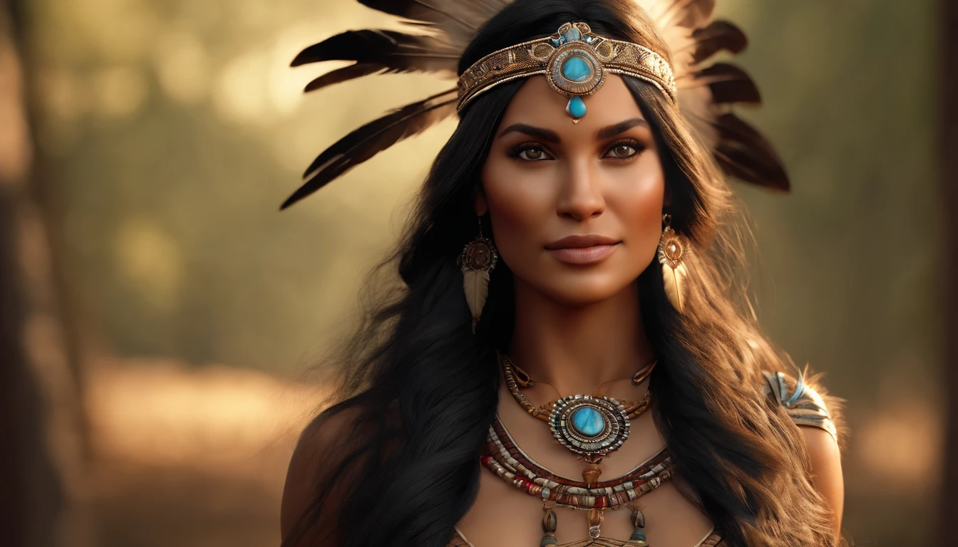 ((masterpiece)), ((best quality)), ((highres)), ((extremely detailed)), ((long shot from top view)), 1 girl as Pocahontas costume, full body, Beautiful Native American woman, mature woman, Big breast, (super realistic), (peerless beauty), detailed skin texture, detailed cloth texture, beautiful detailed face, intricate details, ultra detailed, indigenes feather jewelry, feather headdress, traditional handmade dress, (((sit under the tree))), ultra realistic, concept art, elegant, ((intricate)), ((highly detailed)), depth of field, ((professionally color graded)), soft ambient lighting, dusk, (Best quality, A high resolution, Photorealistic, primitive, 8K,Masterpiece, ),Best quality, Masterpiec8K.hdr. High ribs:1.2, filmgrain, Blur bokeh:1.2, Lens flare, (vivd colour:1.2), (Delicate),