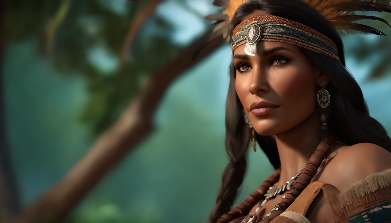 ((masterpiece)), ((best quality)), ((highres)), ((extremely detailed)), ((long shot from top view)), 1 girl as Pocahontas costume, full body, Beautiful Native American woman, mature woman, Big breast, (super realistic), (peerless beauty), detailed skin texture, detailed cloth texture, beautiful detailed face, intricate details, ultra detailed, indigenes feather jewelry, feather headdress, traditional handmade dress, (((sit under the tree))), ultra realistic, concept art, elegant, ((intricate)), ((highly detailed)), depth of field, ((professionally color graded)), soft ambient lighting, dusk, (Best quality, A high resolution, Photorealistic, primitive, 8K,Masterpiece, ),Best quality, Masterpiec8K.hdr. High ribs:1.2, filmgrain, Blur bokeh:1.2, Lens flare, (vivd colour:1.2), (Delicate),