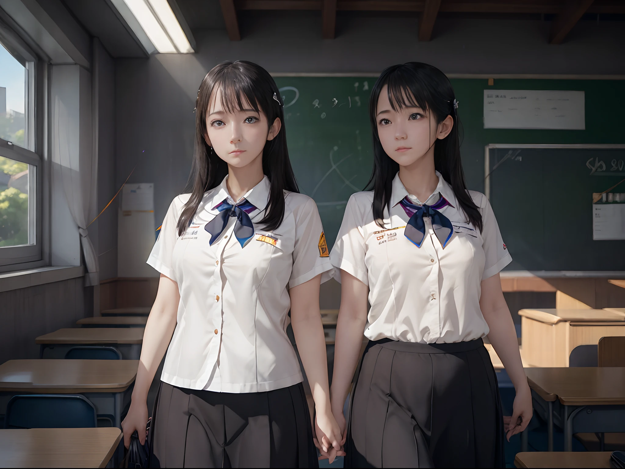female students are falling asleep in the classroom, summer uniform, sharp focus, 8k, perfect composition, trending on art station, award-winning photograph, cinematic smooth, intricate detail, highly detailed, from below, splash, fractal art, god ray, rainbow,