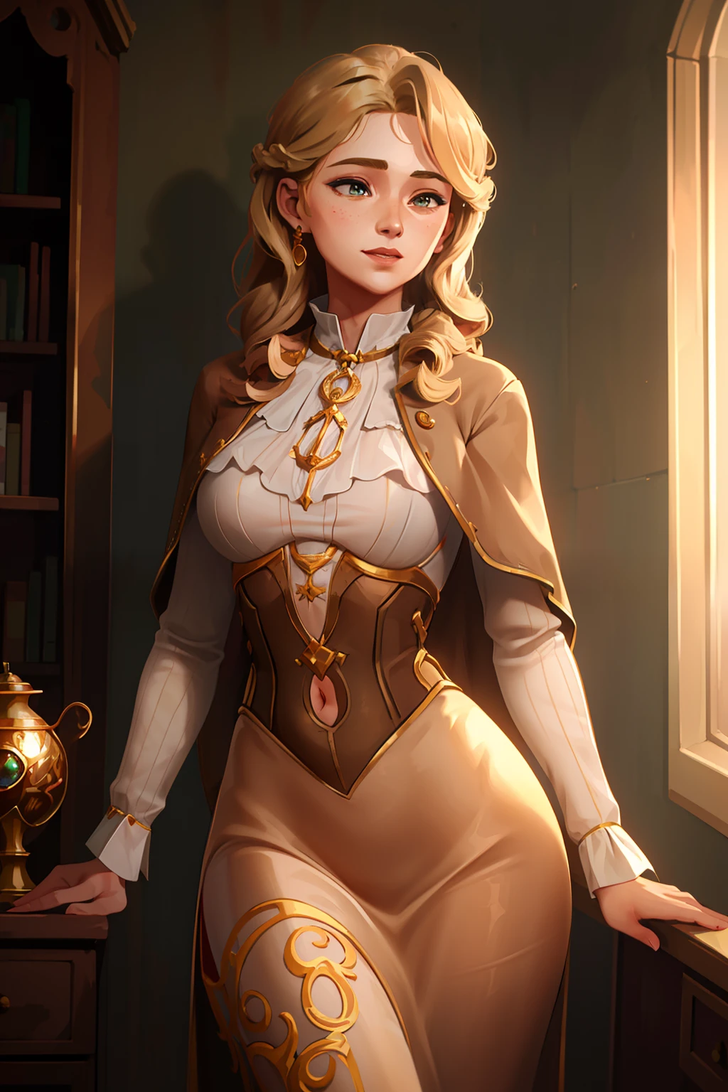 (((masterpiece))),(((best quality))),((ultra-detailed)),(illustration),((extremely delicate and beautiful)),(beautiful detailed eyes),(detailed light) (1girl), solo, blonde, curly hair, ringlet hair, long curly blonde hair, fantasy, golden eyes, female, beautiful, shy, teenager, young woman, yellow dress, brown corset, ((long brown cloak)), long skirt, large breasts, wide hips, hourglass figure, shy smile, casting golden magic,