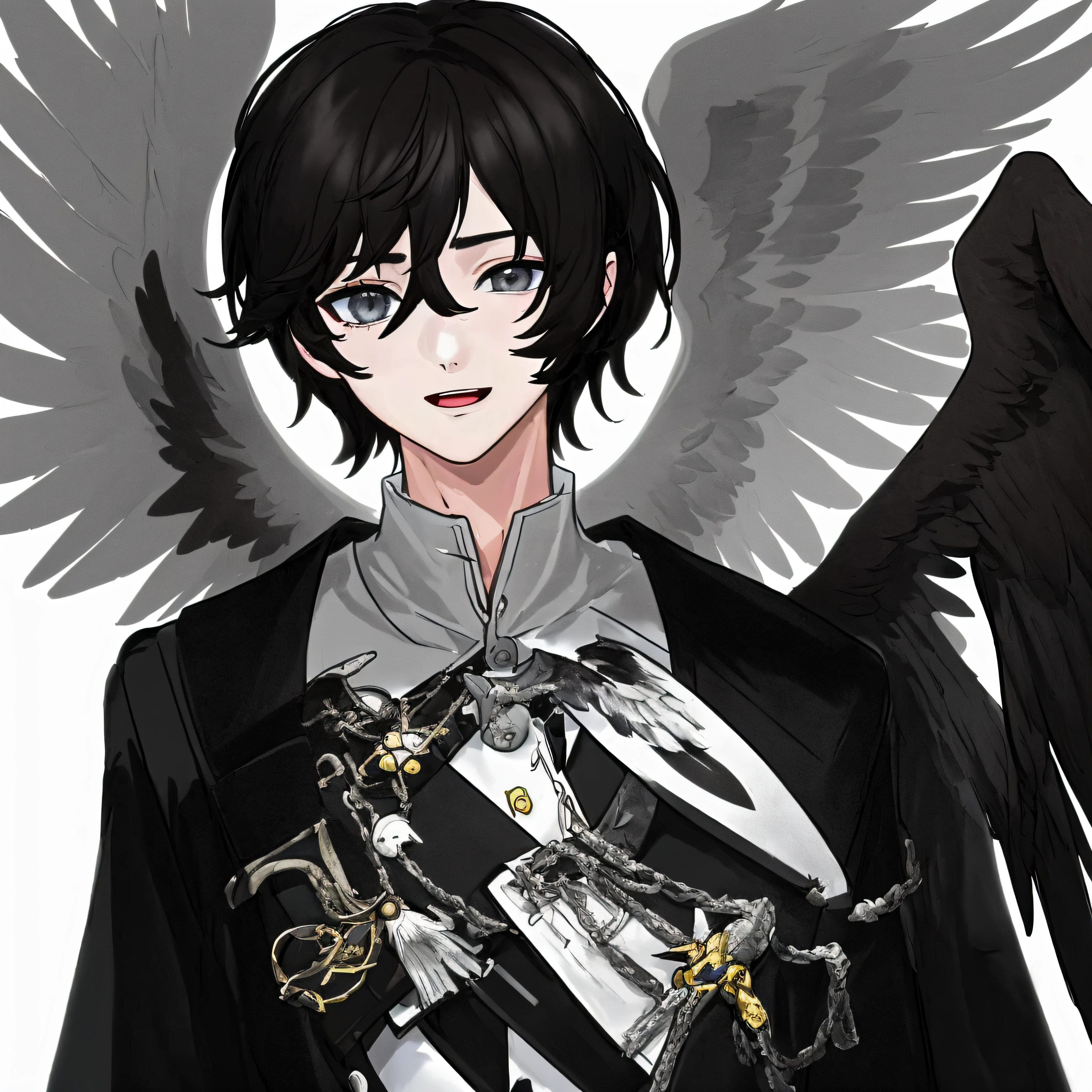 (absurderes、A high resolution、ultra - detailed、NFFSW)、tmasterpiece、top-quality、A boy with、A handsome、short detailed hair、brunette color hair、 Black hair、finely eye and detailed face、a black trench coat、Real shadows、joyful expressions、The upper part of the body、blur backgroun、sideface、hawk、Wings of an eagle、Gray eye、Skysky、feater、