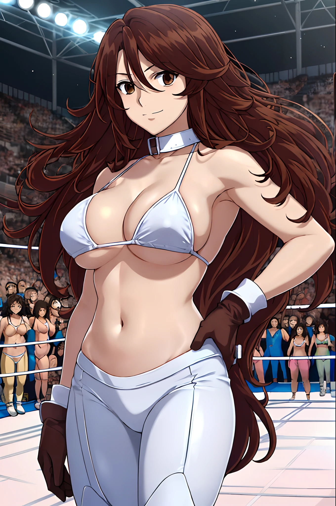 cowboy shot, upper body view, anime style: 1.8, anime drawing, ultra detailed face, ultra detailed body, 4k, Sumergai Lee Noriega, (standing), best quality, anime style, hires, highest definition, digital blending, bold drawing lines, ((slender body, female wrestler), (location: wrestling arena, crowds watching), (weak body, slender body, broad shoulders), ((white micro bikini top, long pants, white boots, white gloves, collar)), victorious, winner, smile, , (big breasts), (big eyes, brown eyes), (warming up), (brown hair, loose hair, curly hair, wavy hair, long hair, missy hair), 27 years old,