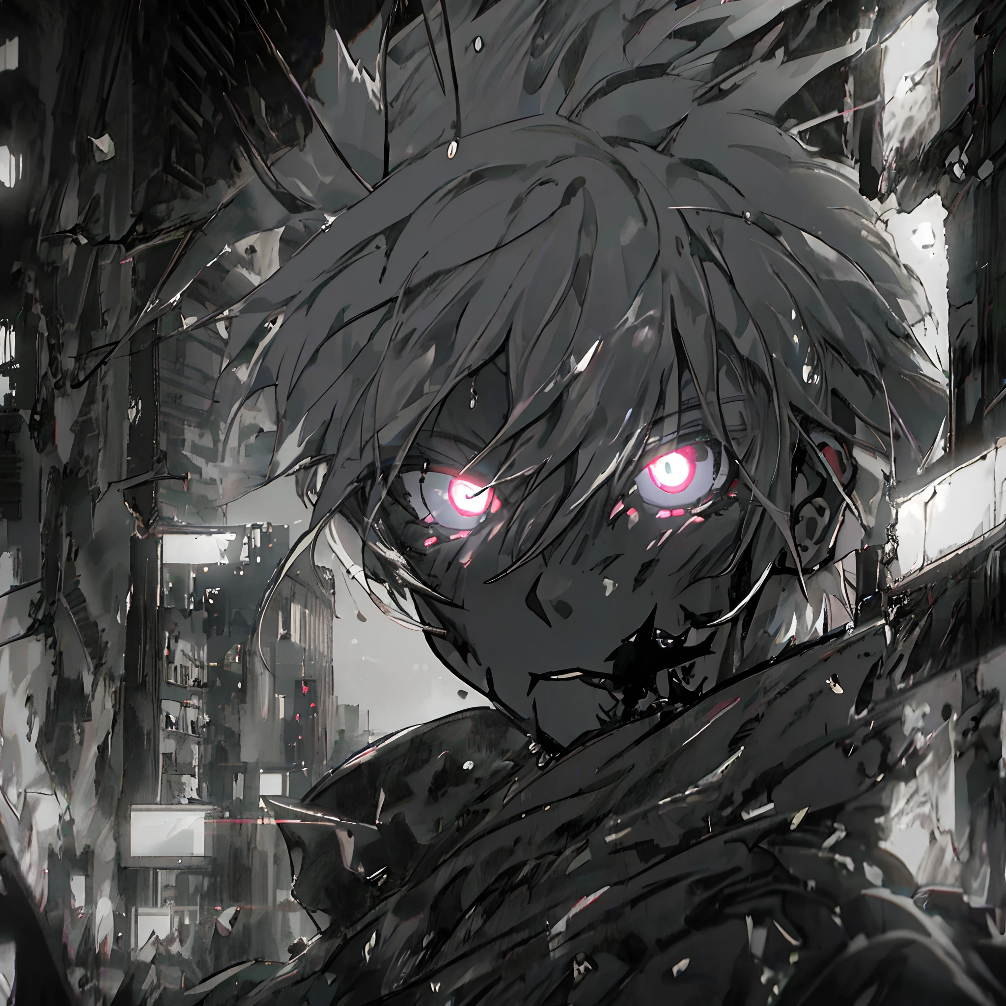 Anime humanoid monster,human,boy, glowing eyes,eye glare, monochrome, close up shot, creating a crack in reality, powerful aura, destroyed city,dark,night,8k,64k, HD, unparalleled masterpiece, dynamic lighting, cinematic, Ambient lighting, epic