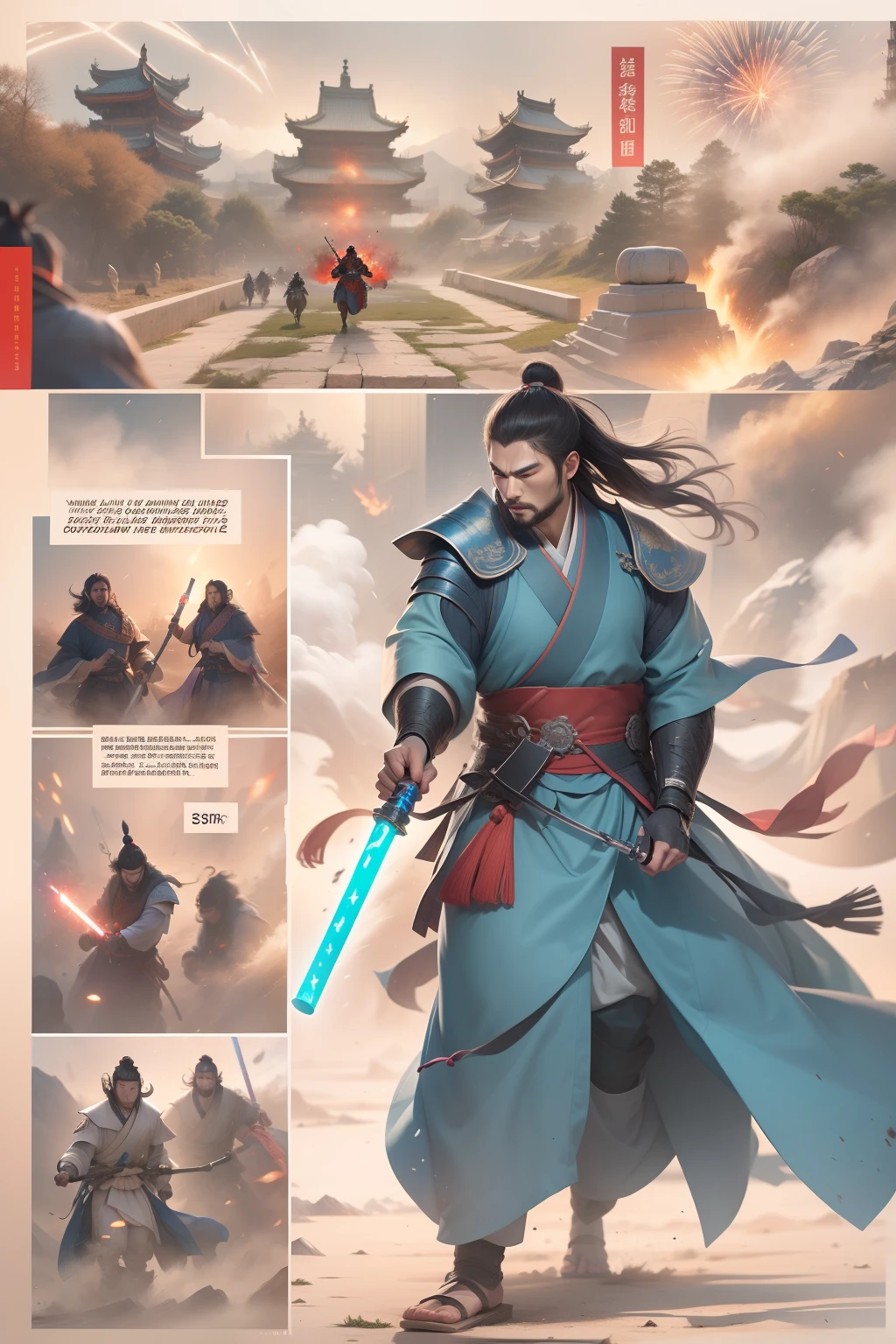 [Illustration with empty speech bubbles]There are multiple screens on one page: Chinese male warriors of the Qin Dynasty, A cold face，Symmetrical body, Broken robes，Holding a blood-blue lightsaber，standing in the wind（Side half close-up）。The battle flag is skewed，Fireworks are everywhere，Enemies in the distance are rushing towards him，breathtaking moment（The ancient castle towers are blurred，Faraway view）。[Multi-lens burst shooting]:Ultra-wide angle, Cinema lenses,Motion capture, Chiaroscuro, Depth of field 1.8，The protagonist is focused，Cinema lenses，Drawn by Xu Beihong。