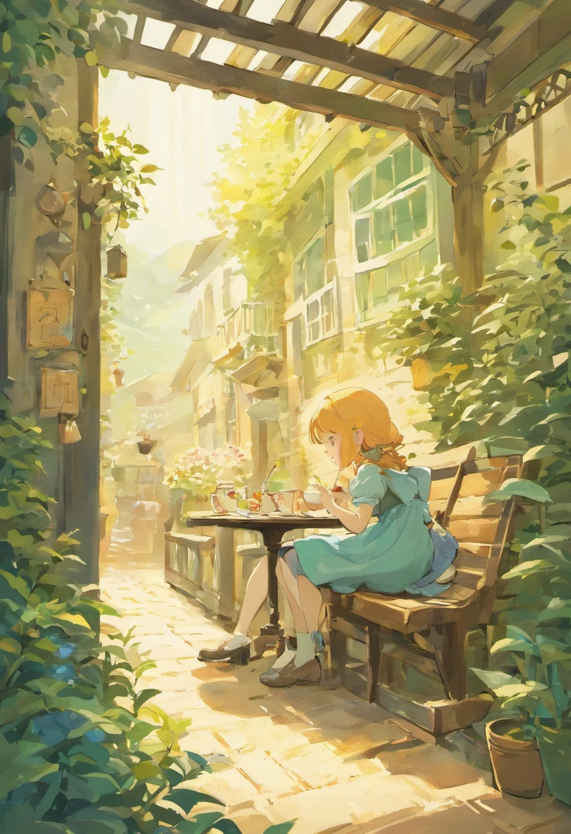 Illustration of a picture book in the style of Beatrix Potter, Shows a girl and a rabbit drinking tea in the garden. The illustrations are attractive and exquisite, Soft colors and details.