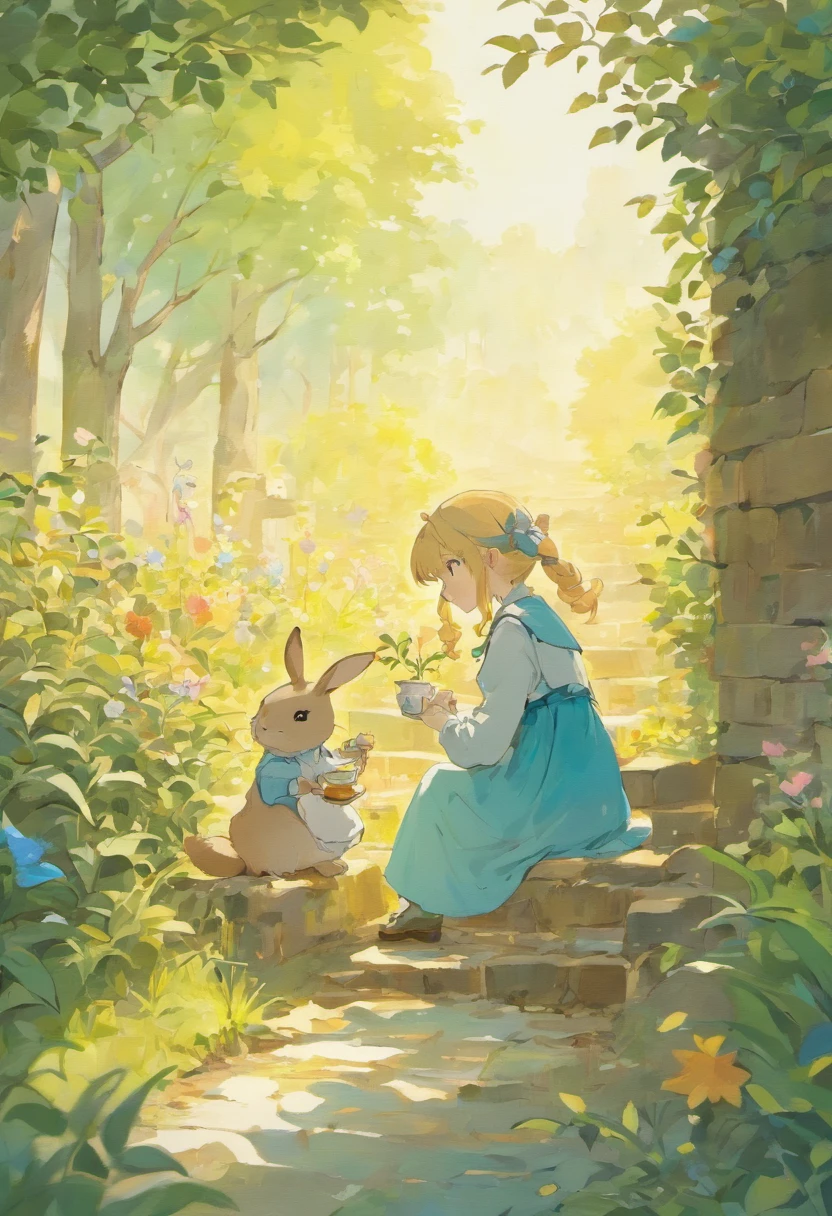 Illustration of a picture book in the style of Beatrix Potter, Shows a girl and a rabbit drinking tea in the garden. The illustrations are attractive and exquisite, Soft colors and details.