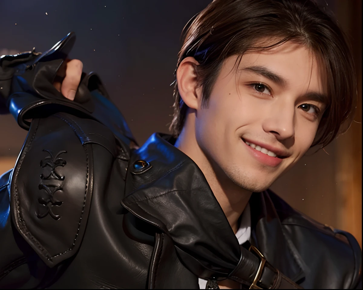 Dark brown hair,verd s eyes,bule,twinks,Leather handbags,Teardrop,suits,male people,hightquality,Mocking smile