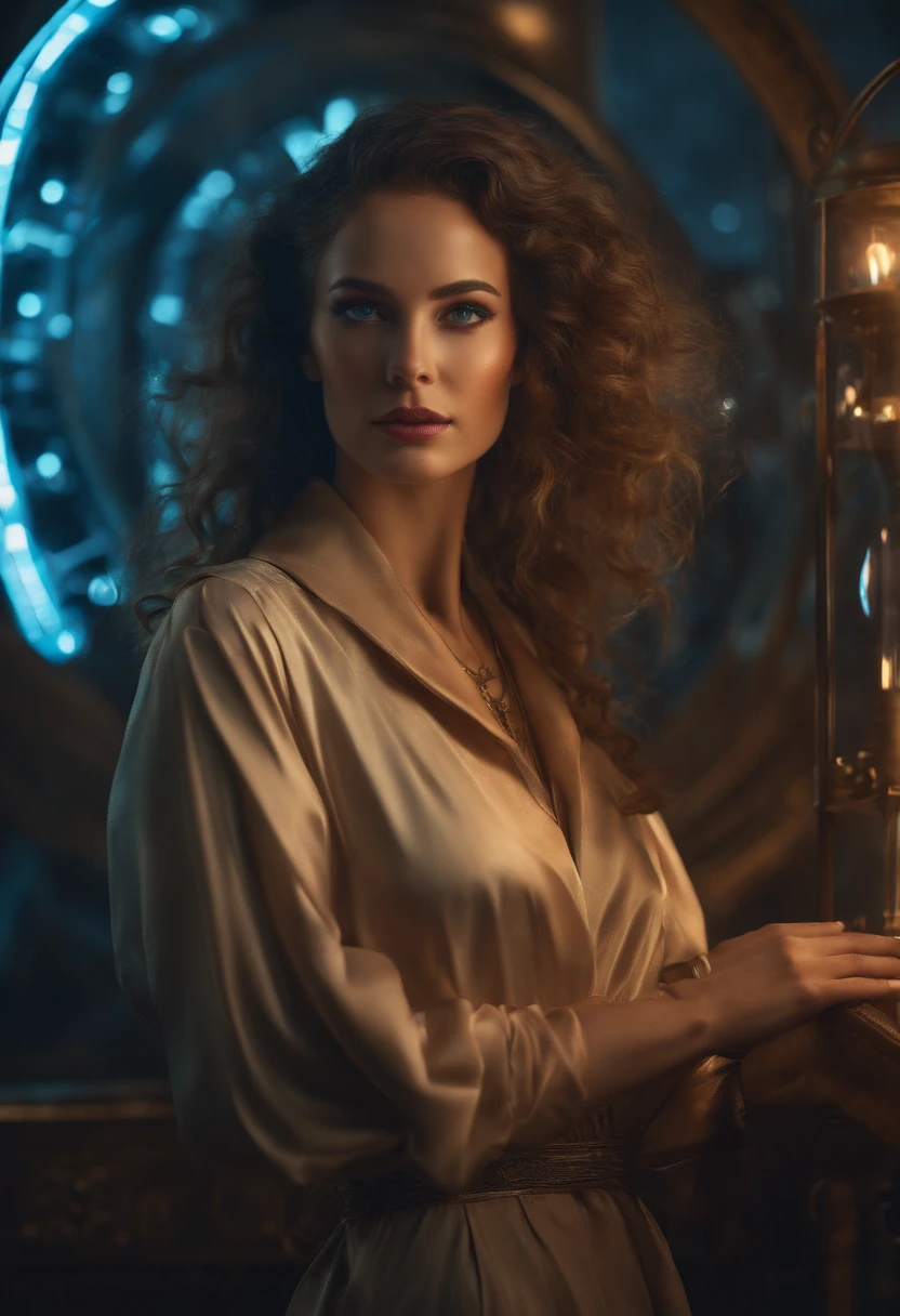 The woman, NSFW, (full - body: 1.5), makeup, Thick hair, blue eyes, Inspired by the future, Time Machine, Teleportation, high detail, UHD 4K, 8k текстур, RTX, illumination, glare, reflection, Detailed background, Traced in detail, fine details