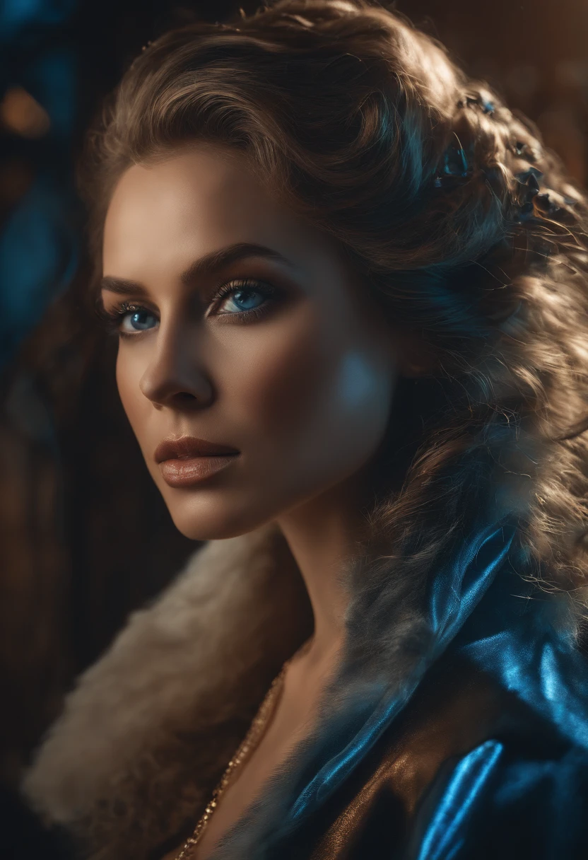 The woman, NSFW, (full - body: 1.5), makeup, Thick hair, blue eyes, Inspired by the future, Time Machine, Teleportation, high detail, UHD 4K, 8k текстур, RTX, illumination, glare, reflection, Detailed background, Traced in detail, fine details
