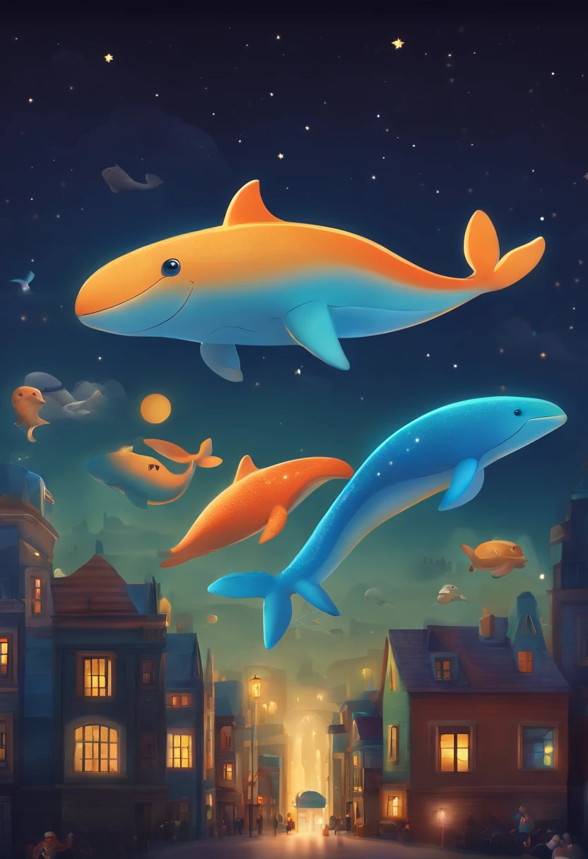 Stars shine,Colorful,Huge whales float over the city,Cute and cute,KIDS ILLUSTRATION,Glow effects,Dingdall effect,depth of fields,high light,Real light,Ray traching,oc rendered,Hyper-realistic,best qualtiy,8K,Works of masters,super-fine,Detailed pubic hair,Correct anatomy