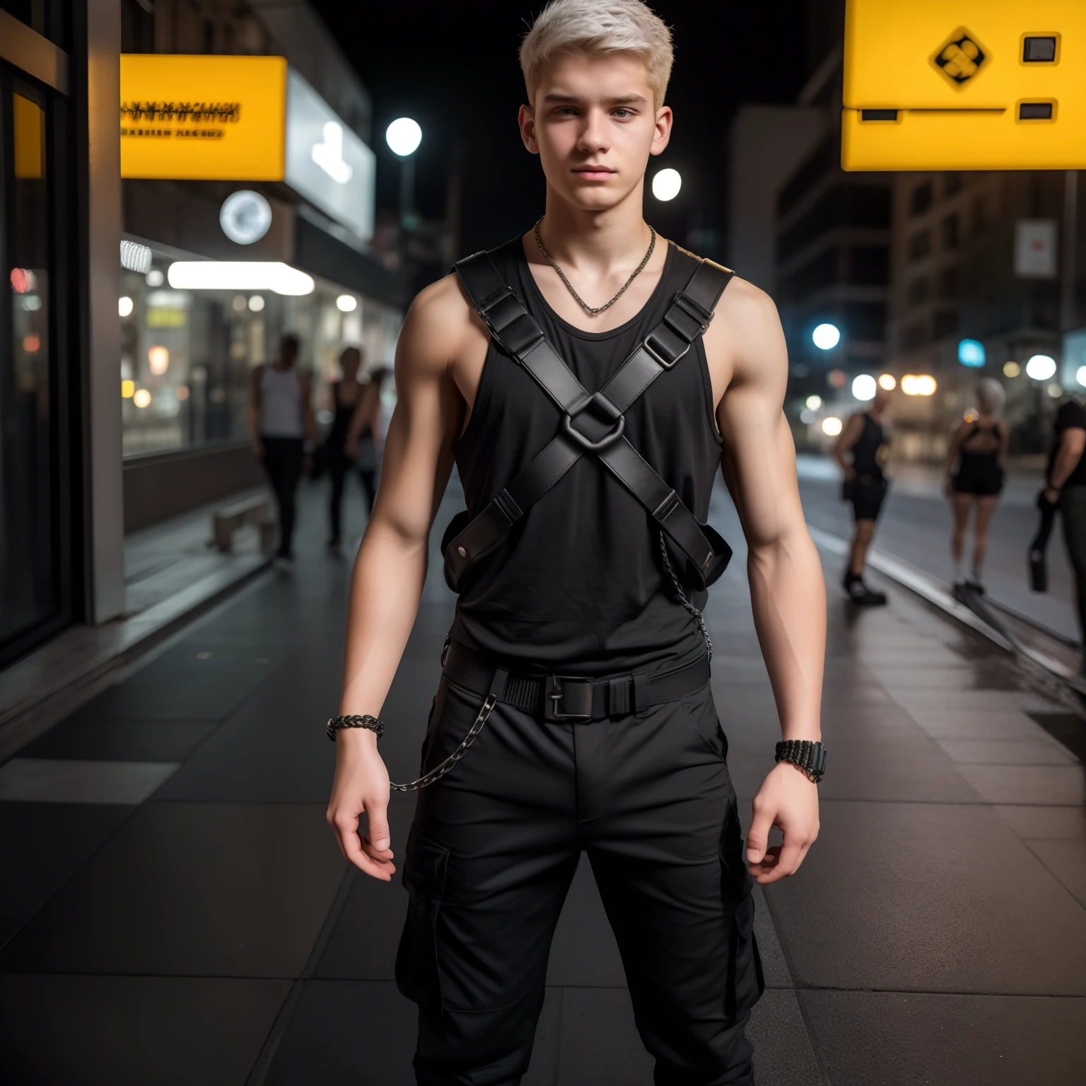 Teen male, (((16yo))), dead inside, yellow black cargo pants, full body view, city, background blur, chromatic aberration, bokeh, skinny body, white hair, ultra realistic, HQ, 8k, square masculine caucassian face, plaid red shirt, chainlet, harness, tank top, topless