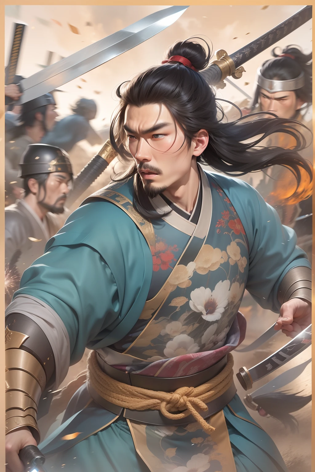 [Illustration with empty speech bubbles]There are multiple screens on one page: Chinese male warriors of the Qin Dynasty, A cold face，Symmetrical body, Broken robes，Armed with a sharp sword，standing in the wind（Side half close-up）。The battle flag is skewed，Fireworks are everywhere，Enemies in the distance are rushing towards him，breathtaking moment（The battlefield is fierce，Faraway view）。[Multi-lens burst shooting]:Ultra-wide angle, Cinema lenses,Motion capture, Chiaroscuro, Depth of field 1.8，The protagonist is focused，Cinema lenses，Drawn by Xu Beihong。