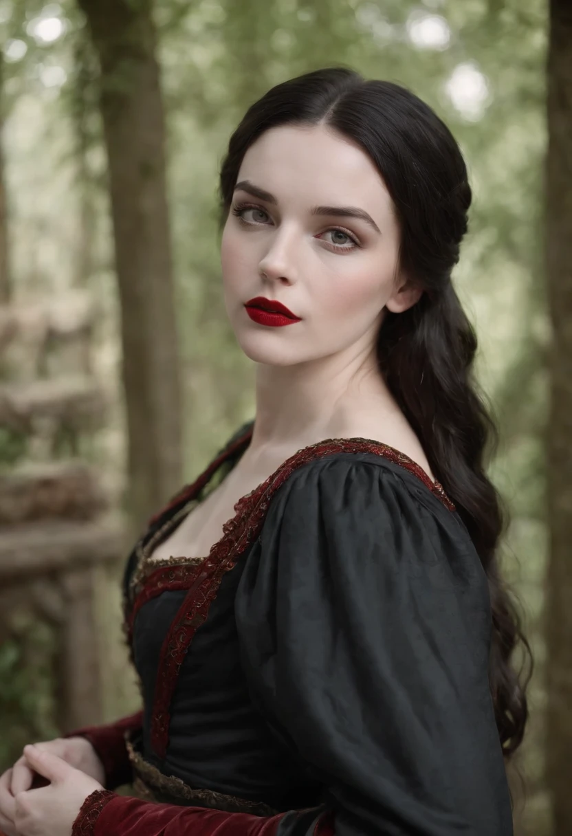 fourteenth century french courtesan beautiful in black clothing. Pale skin, Black hair, red lips
