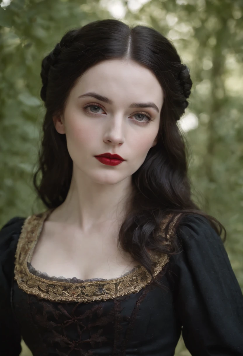 fourteenth century french courtesan beautiful in black clothing. Pale skin, Black hair, red lips