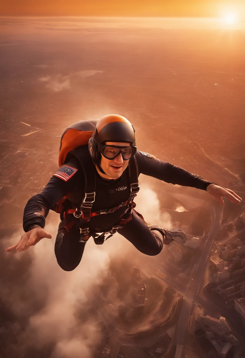 For a YA book cover titled "Noob," consider depicting a hyper-realistic scene that captures the intense moment of a first-time skydiver in freefall. The skydiver's face should show a mix of excitement and fear. His body position should suggest that he's falling somewhat out of control. In the background, feature a breathtaking sunset, rich with shades of orange, red, and purple. The cityscape below should be intricate, showing a major city centre with iconic buildings, streets, and perhaps even some tiny cars to emphasize the altitude and stakes. The sun should be positioned so that it's partially hidden by a skyscraper, casting elongated shadows and highlighting the teenage male skydiver as the focal point. The typography for the book title and author's name should be modern and bold, yet not overpower the gravity of the scene. Consider placing "Noob" at the top and the author's name (Marc Wolf) at the bottom, so as not to distract from the skydiver and city below. This vivid and realistic cover will likely grab the attention of YA readers, instantly conveying the adventure and challenges faced by the protagonist. Disney animation style. Movie picture quality. View from above.