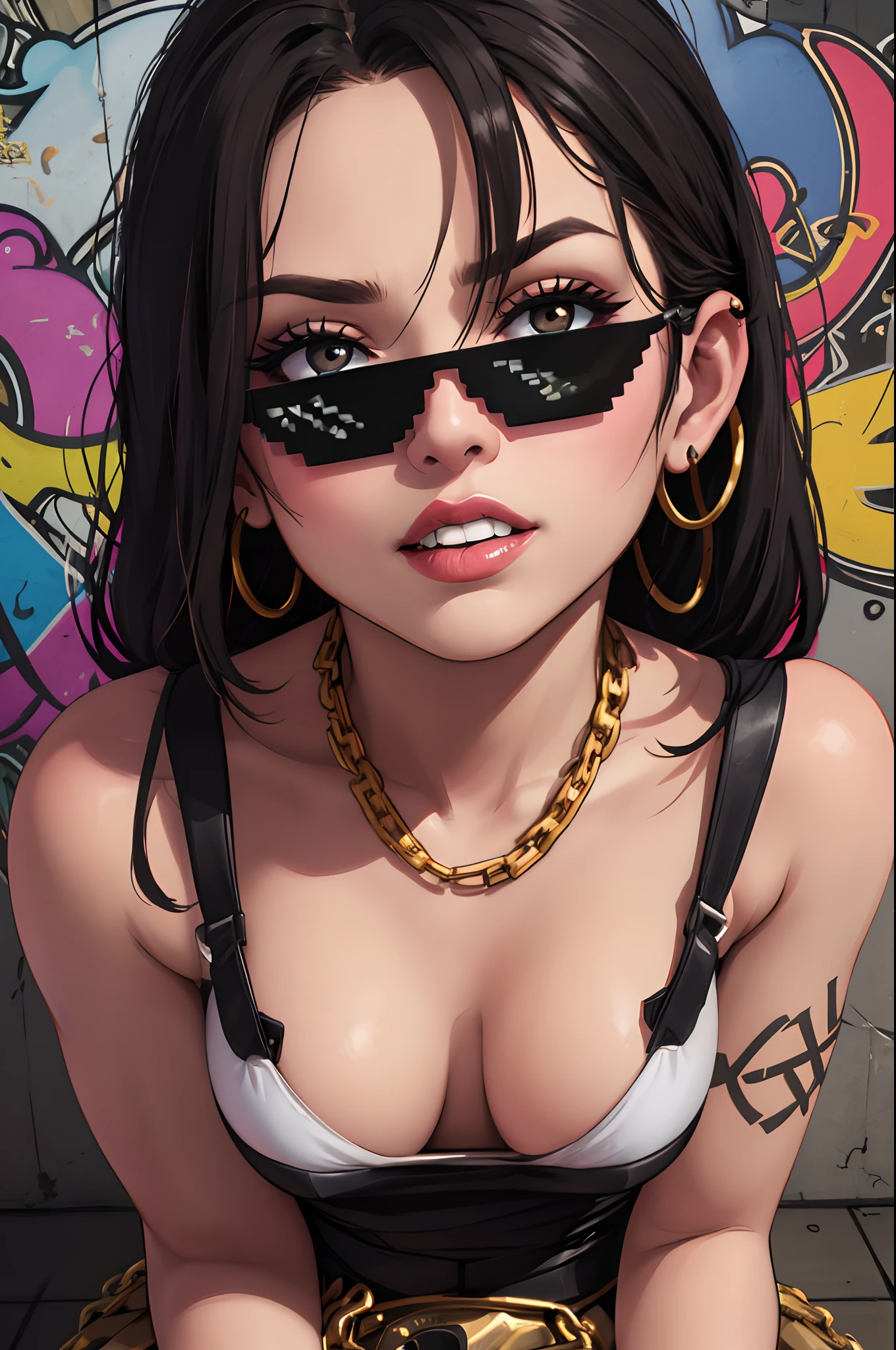 (fullbody:1.2,highres,ultra-detailed,realistic),confident badass attitude,arrogant cocky boss bitch chav female rapper,gold chains between her teeth,vibrant colors,studio lighting,graffiti background incrsdealwithit